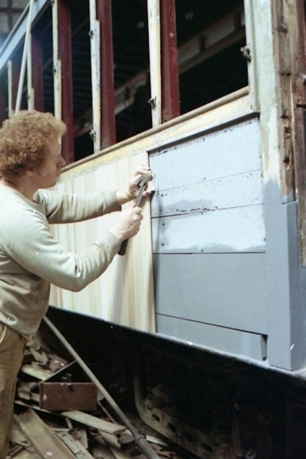 Doug Anderson restoring Car 1267 at the Seashore Trolley Museum in Maine in 1989.
