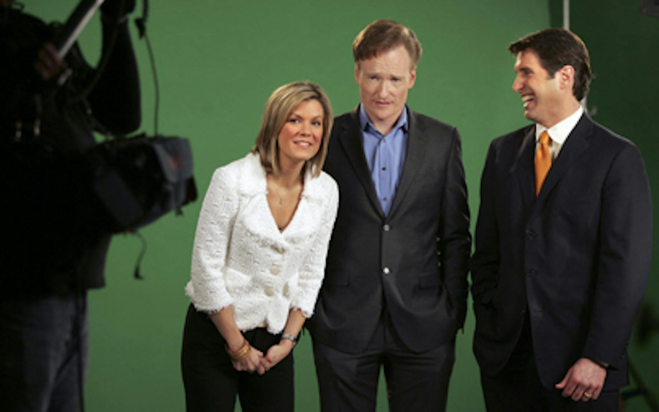 Conan O'Brien, center, visited the KARE 11 studios to shoot promotional spots with KARE television personalities Julie Nelson, left, and Mike Pomeranz, right. O'Brien will take over NBC's "The Tonight Show" in June.