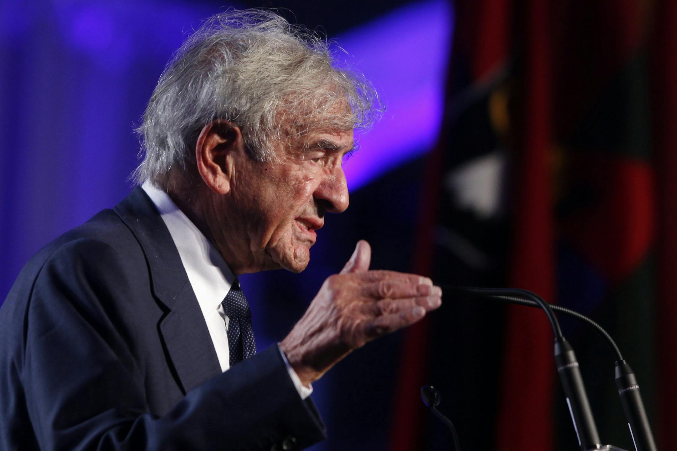 FILE - In this April 29, 2013 file photo, Elie Wiesel speaks at the 20th anniversary of the United States Holocaust Memorial Museum in Washington. Wiesel, the Nobel laureate and Holocaust survivor has died. His death was announced Saturday, July 2, 2016 by Israel's Yad Vashem Holocaust Memorial. (AP Photo/Charles Dharapak, file)