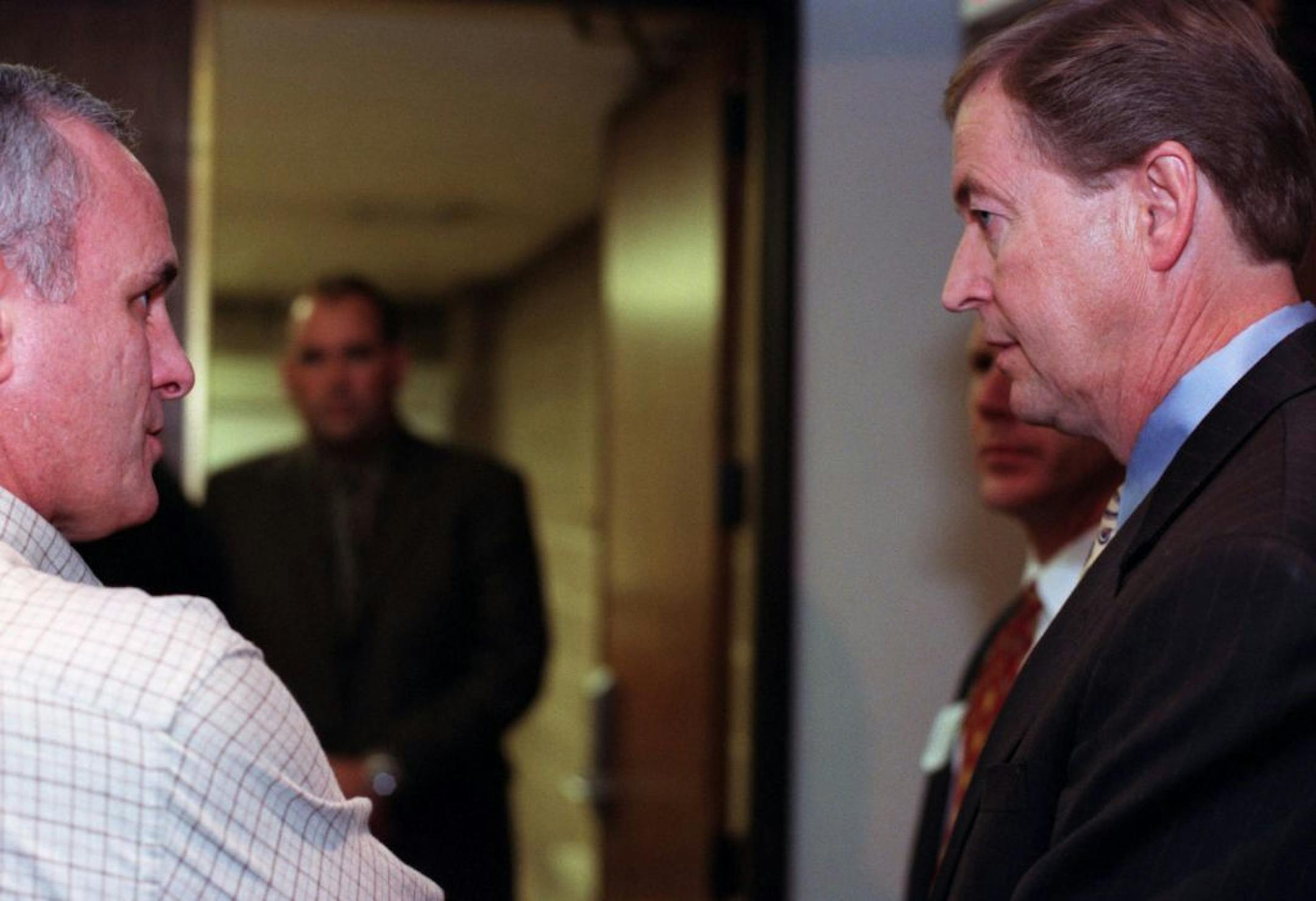 Minneapolis,MN; 10/12/00:Mark Dayton and US Senator Rod Grams chat before engaging in a debate at Wiley Hall at the University of Minnesota campus on Thursday night.