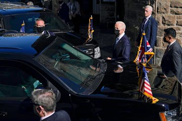 U.S. President Joe Biden, center, left after attending Mass at Sacred Heart and St. Ia Catholic Church, in St. Ives, southern England, Sunday, June 13