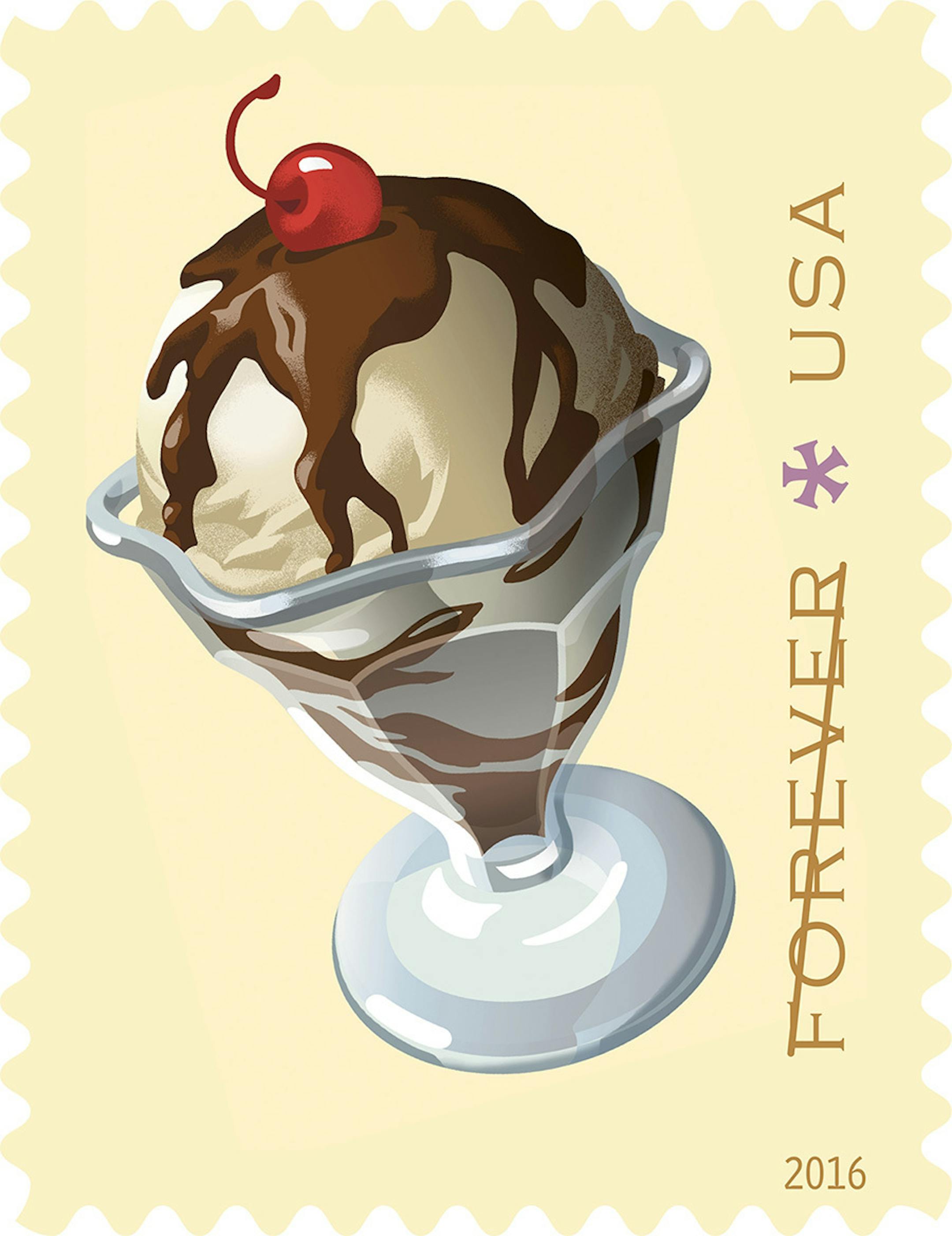 Provided This year, the U.S. Postal Service is celebrating soda fountain favorites, with stamps depicting a double-scoop ice cream cone, an egg cream, a banana split, a root beer float, and a hot fudge sundae. Illustrations by artist Nancy Stahl of New York City.