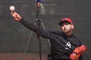 Twins ace Pablo López throwing a bullpen session earlier in spring training. He gave up an eye-popping homer to the Braves' Matt Olson on Monday, but