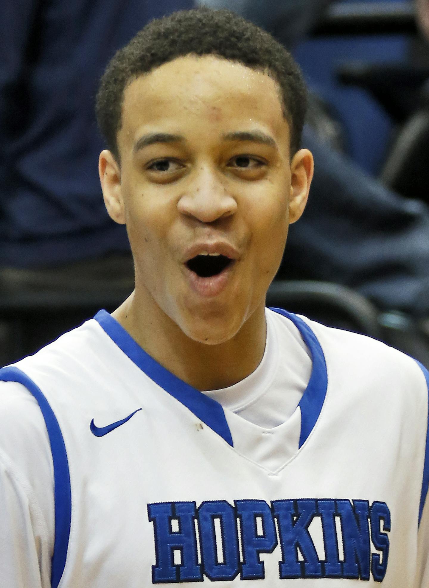 Hopkins Amir Coffey breathed a sigh of relief after he made a long shot to win the game at the end of the fourth overtime. ] Class 4A Boys Basketball Tournament. Hopkins vs. Shakopee. Hopkins won in four overtimes 49-46.(MARLIN LEVISON/STARTRIBUNE(mlevison@startribune.com)