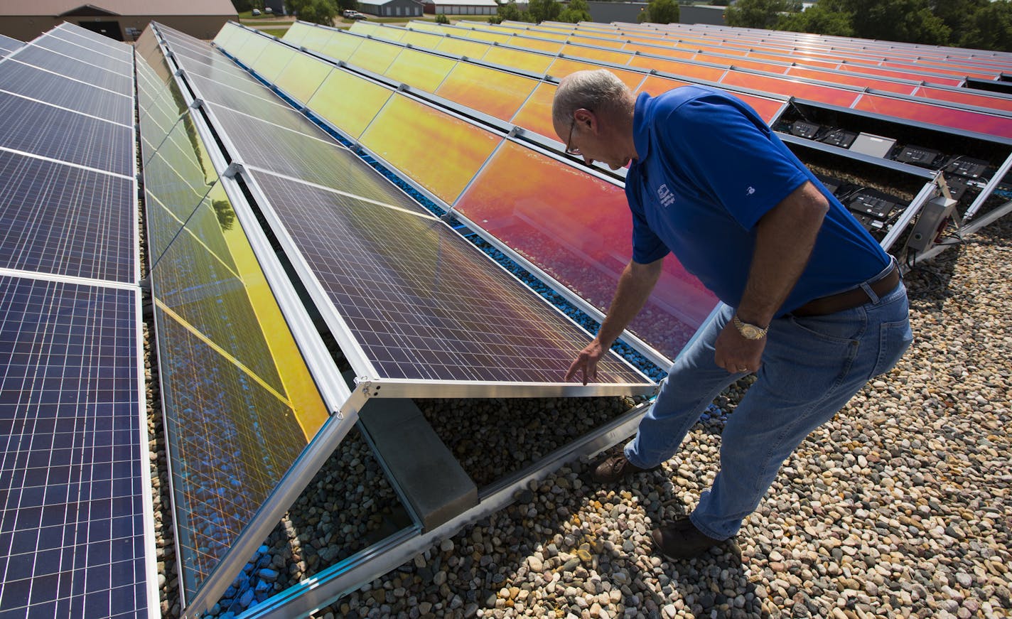 Leo Louis, CEO of Louis Industries, stood on the roof of his plant in Paynesville, Minn., with some of the plant's more than 1,200 solar panels, which have yet to generate a watt of electricity.