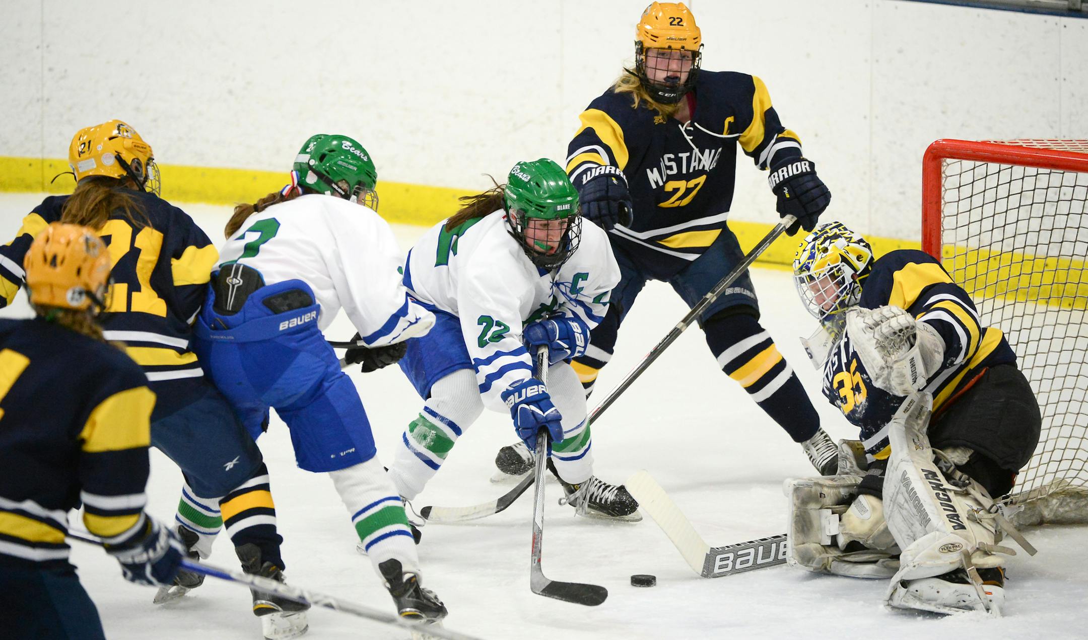 Blake forward Carly Bullock (22) got off a last second shot on Breck goalie Jenna Brenneman (35) in the final seconds of the second period Thursday. ] (AARON LAVINSKY/STAR TRIBUNE) aaron.lavinsky@startribune.com Blake played Breck in the Class 1A, Section 5 girls' hockey final on Thursday, Feb. 11, 2016 at the Parade Ice Garden in Minneapolis, Minn.