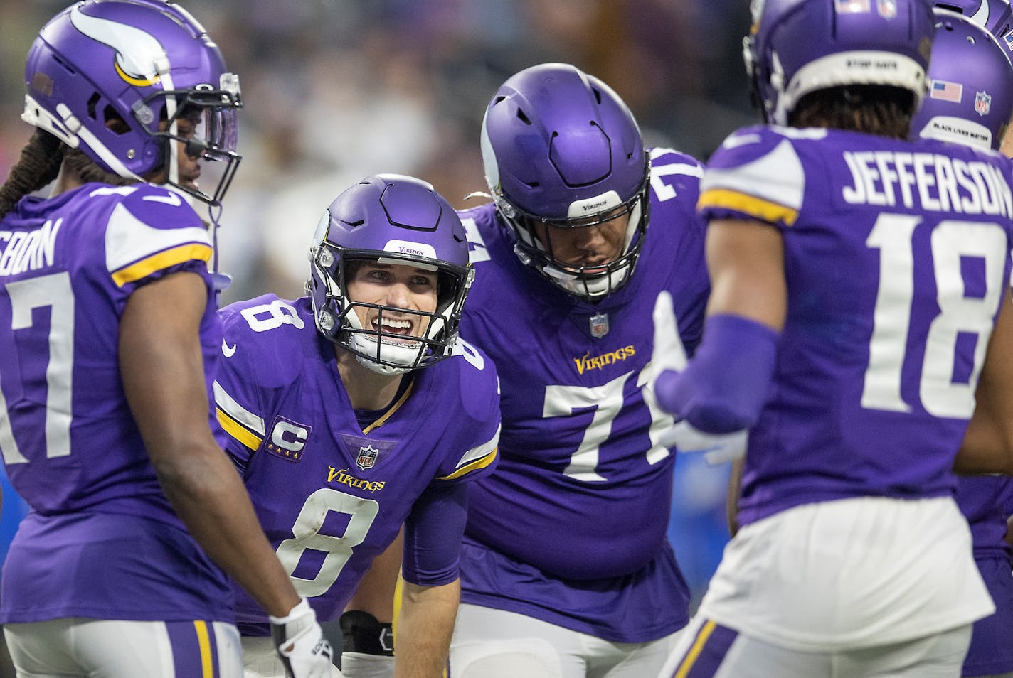 Vikings quarterback Kirk Cousins (8) in the huddle in the third quarter, Sunday, Dec. 26, 2021 in Minneapolis, Minn. The Minnesota Vikings hosted the Los Angeles Rams at U.S. Bank Stadium. ] ELIZABETH FLORES • liz.flores@startribune.com