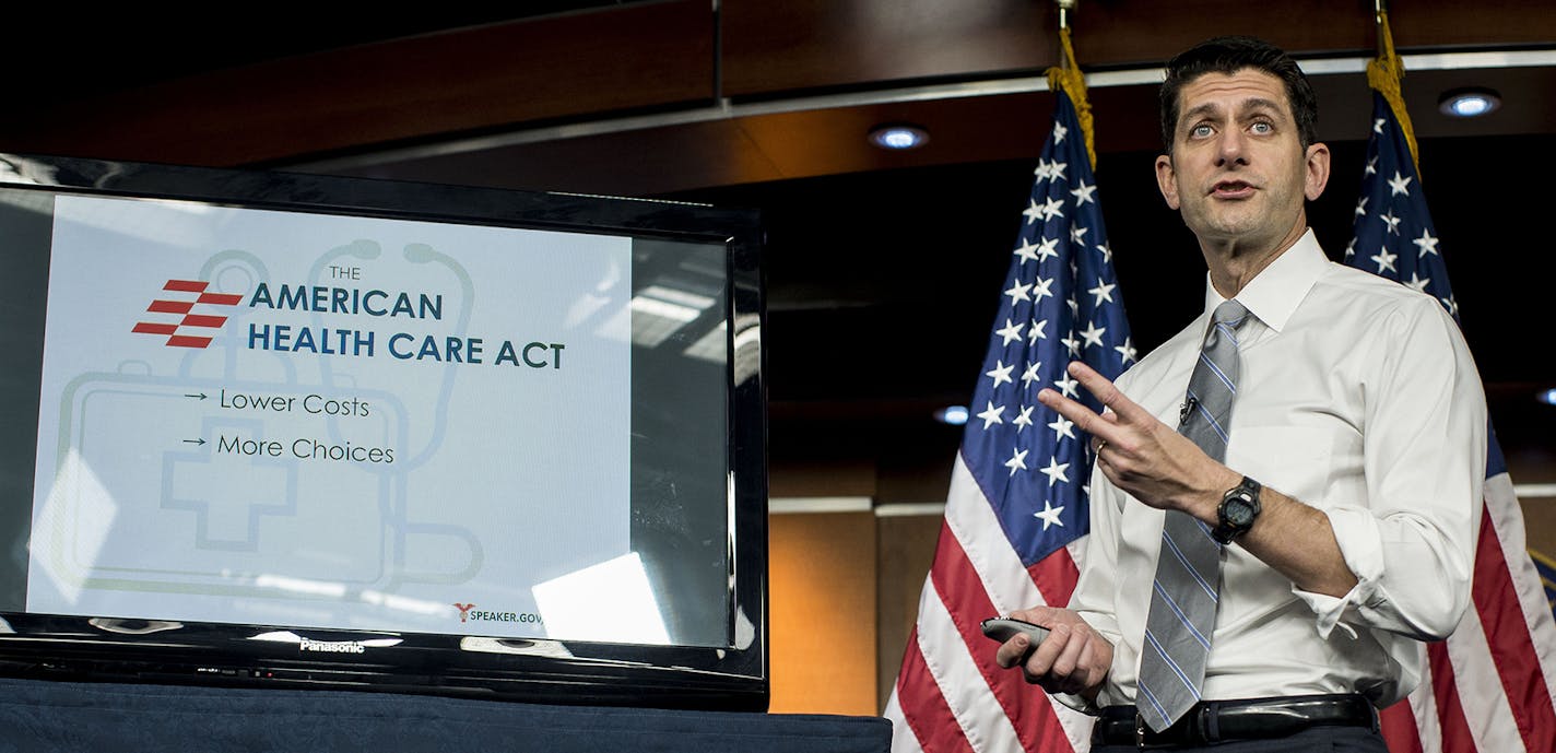 FILE-- House Speaker Paul Ryan (R-Wis.) discusses the American Health Care Act at a news conference on Capitol Hill in Washington, March 9, 2017. There are a lot of unpleasant numbers for Republicans in the Congressional Budget Office&#x2019;s assessment of their health care bill. But congressional leadership found one to cheer: The report says that the bill will eventually cut the average insurance premiums for people who buy their own insurance by 10 percent.