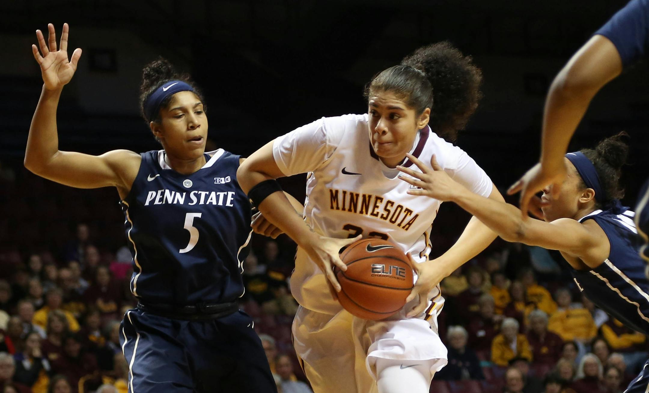 Amanda Zahui B. made a move to the basket with Penn State's Sierra Moore defending earlier this season.