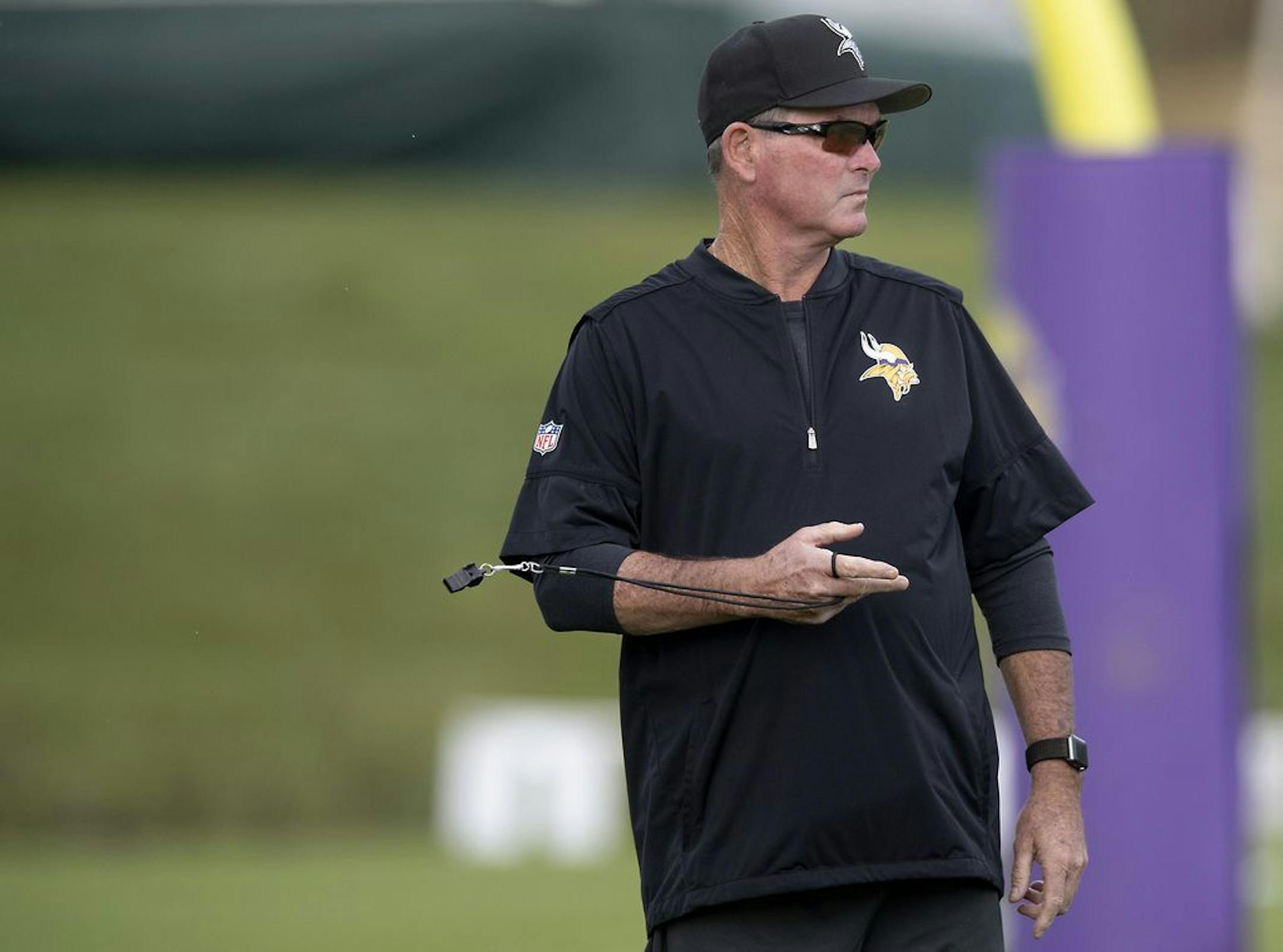 Minnesota Vikings Head Coach Mike Zimmer made his way onto the field for a walk-thru during the first full day of practice at Vikings training camp at the TCO Performance Center, Friday, July 26, 2019 in Eagan, MN.