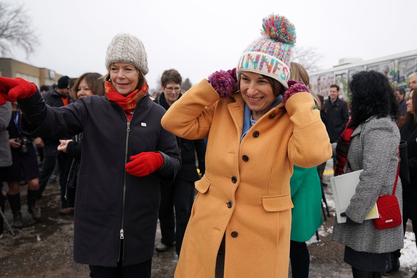 U.S. Sen. Amy Klobuchar wore a hat she bought on Small Business Saturday during the groundbreaking ceremony for the Southwest light-rail line. ] ANTHONY SOUFFLE &#xef; anthony.souffle@startribune.com Officials held a groundbreaking ceremony for the long-awaited Southwest light-rail line, which recently received a commitment from the federal government to pay nearly half of the $2 billion cost, Friday, Nov. 30, 2018 in Hopkins, Minn.