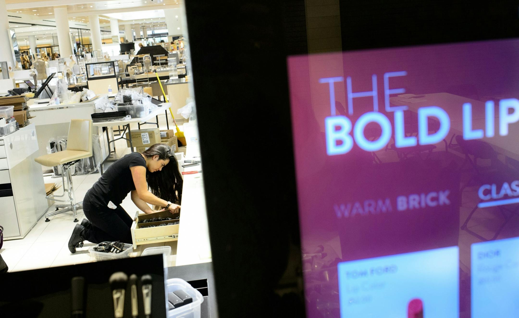 Alyssa Lannan from MAC Cosmetics arranged the display at the new Nordstrom open cosmetics section, Ridgedale, Minnetonka.