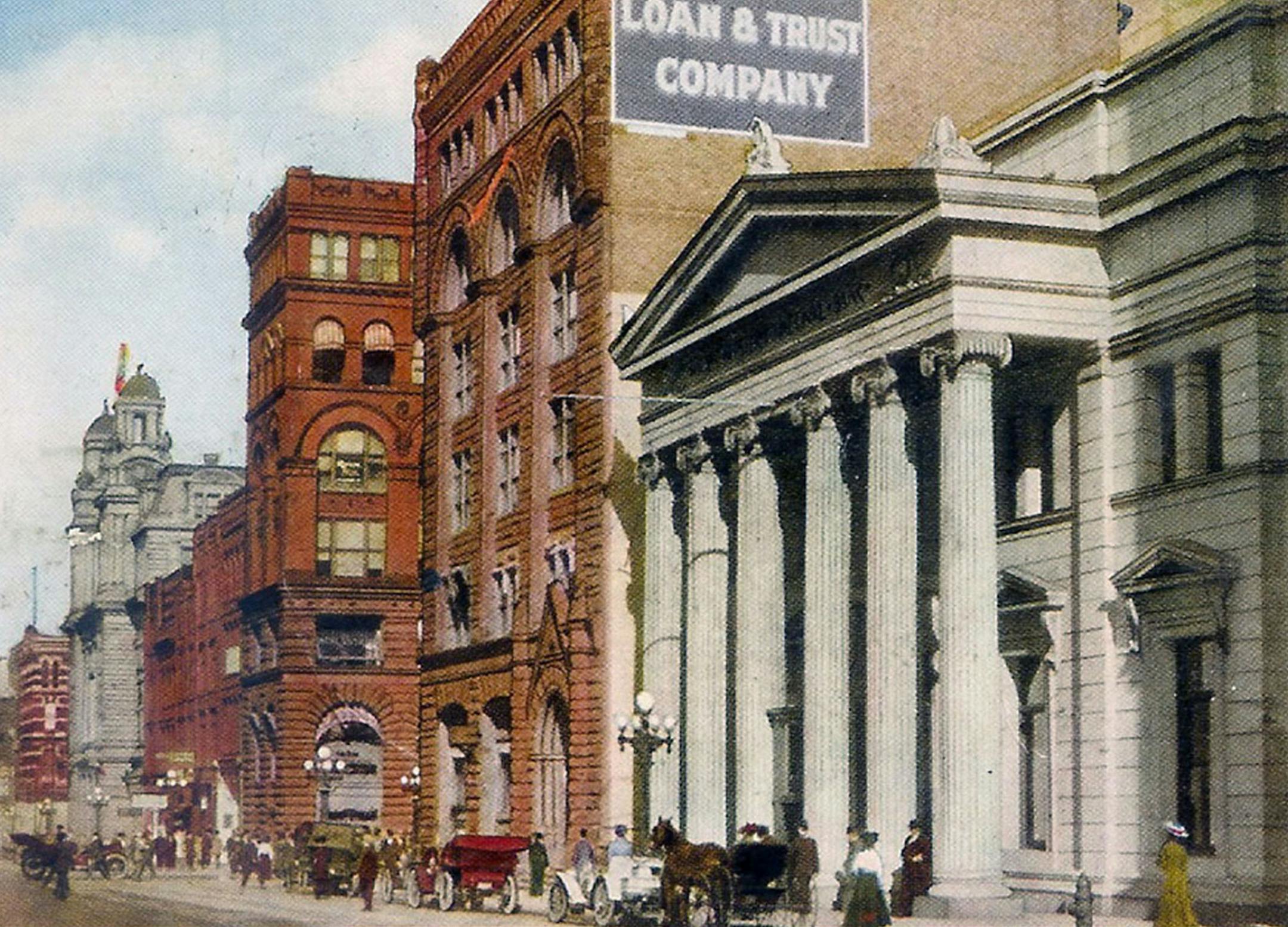 Image from vintage postcard
Minnesota Loan and Trust Company building. Built in 1889, it was originally called the National Bank of Commerce.