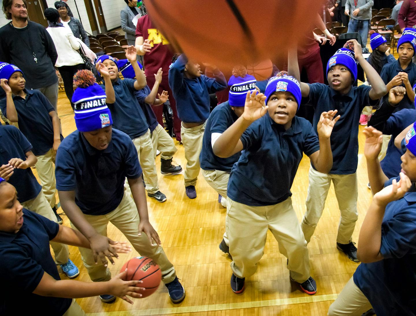 Students from Elizabeth Hall International School in Minneapolis each received final Four hats and were then invited to shoot some basketballs in North Commons Recreation Center. ] GLEN STUBBE &#x2022; glen.stubbe@startribune.com Friday, December 8, 2017 Minneapolis Final Four Local Organizing Committee unveiled the logo for the 2019 Final Four to be held at U.S. Bank Stadium. The trophy, marching band, the governor, U basketball coach will all be there.