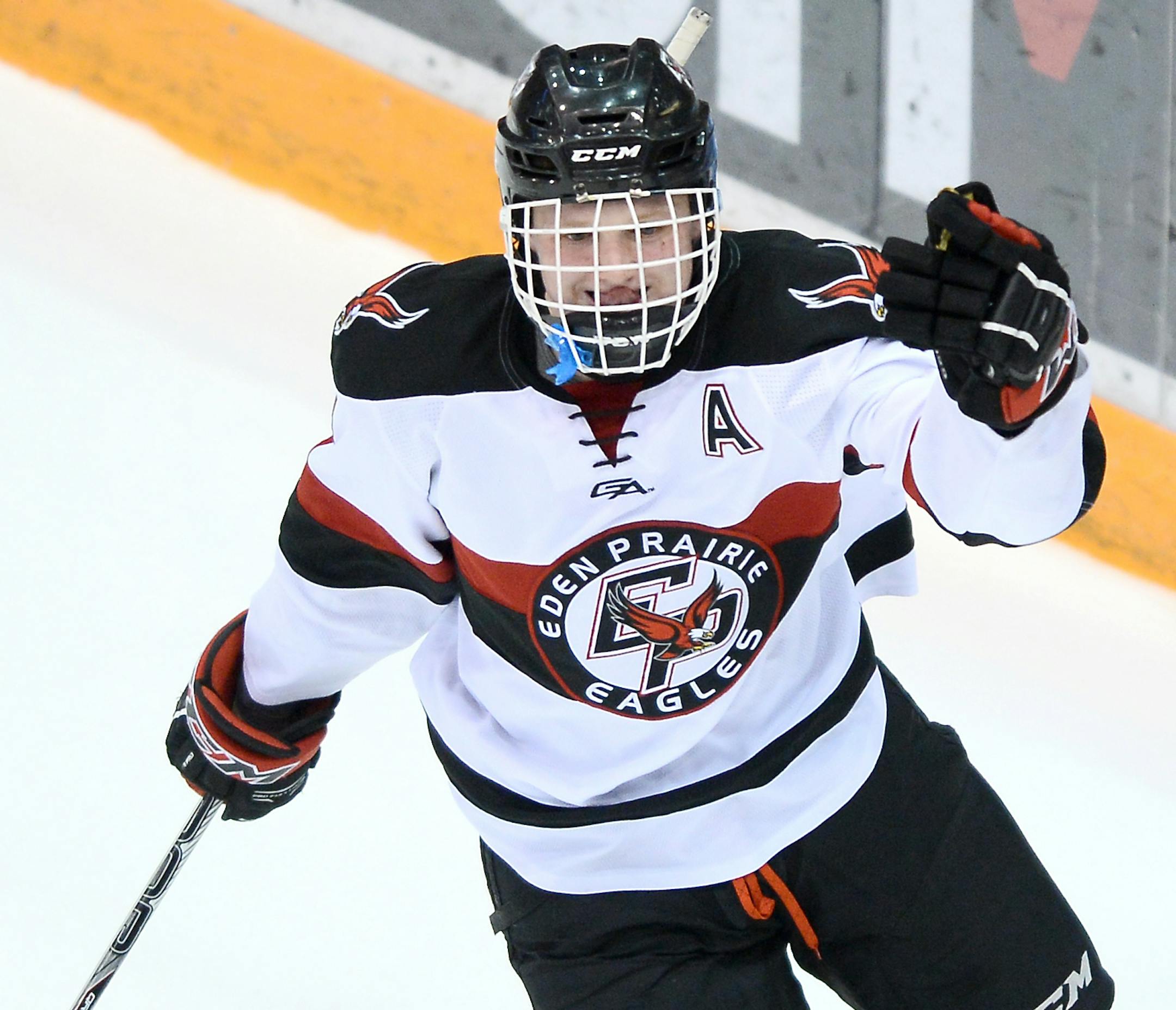 Eden Prairie forward Casey Mittelstadt (11) celebrated after scoring an unassisted goal in the second period against Prior Lake. ] (AARON LAVINSKY/STAR TRIBUNE) aaron.lavinsky@startribune.com Cretin-Derham Hall played Wayzata in the Class 2A Section 6 Boys' hockey finals on Wednesday, Feb. 24, 2016 at Mariucci Arena in Minneapolis, Minn.