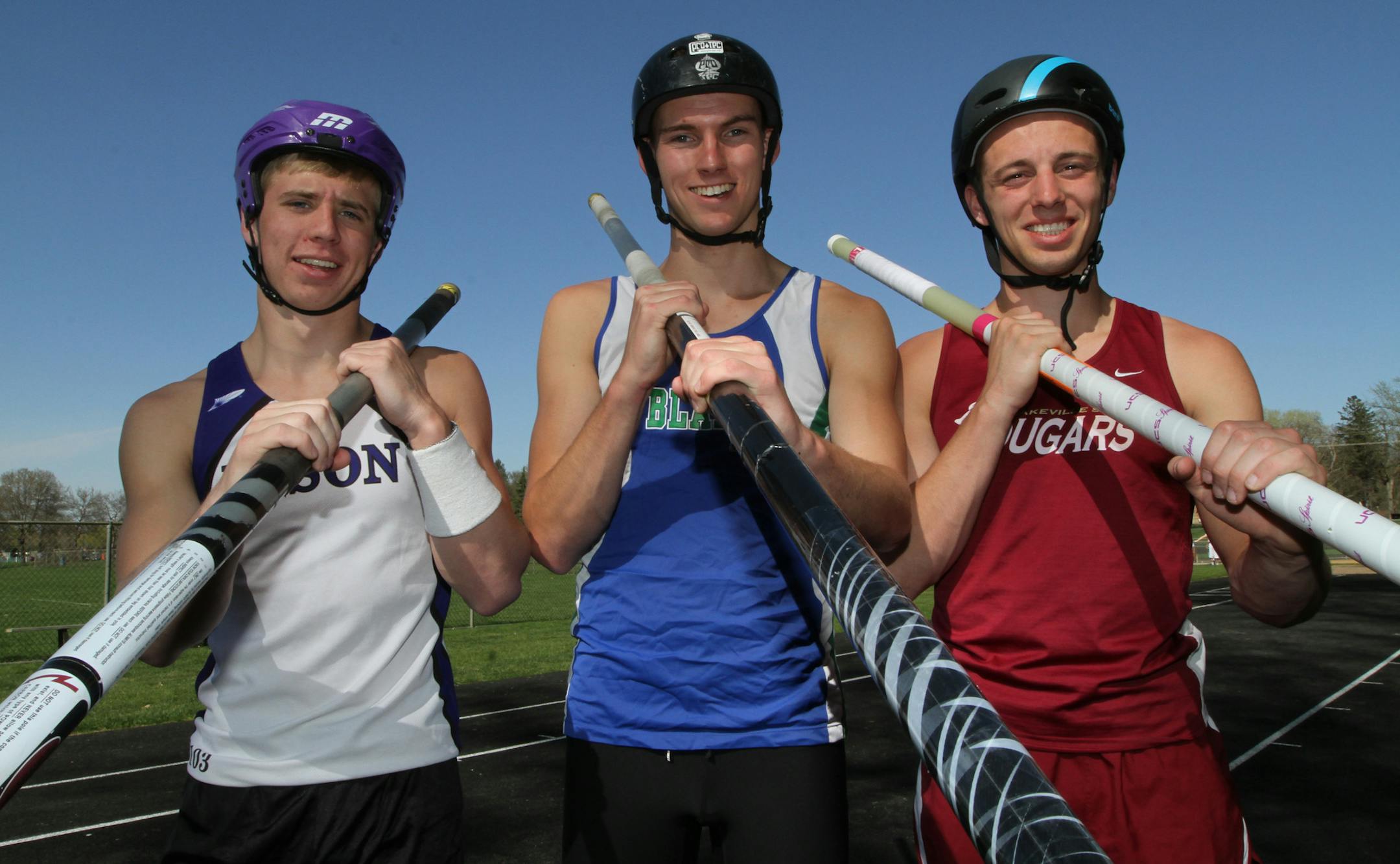 (left to right) Mitch Valli of Buffalo High, Grant Krieger of Blake and Lee Bares of Lakeville South, were photographed at the Blake track on 5/10/13.] Bruce Bisping/Star Tribune, bbisping@startribune.com Mitch Valli, Grant Krieger, Lee Bares/source.
