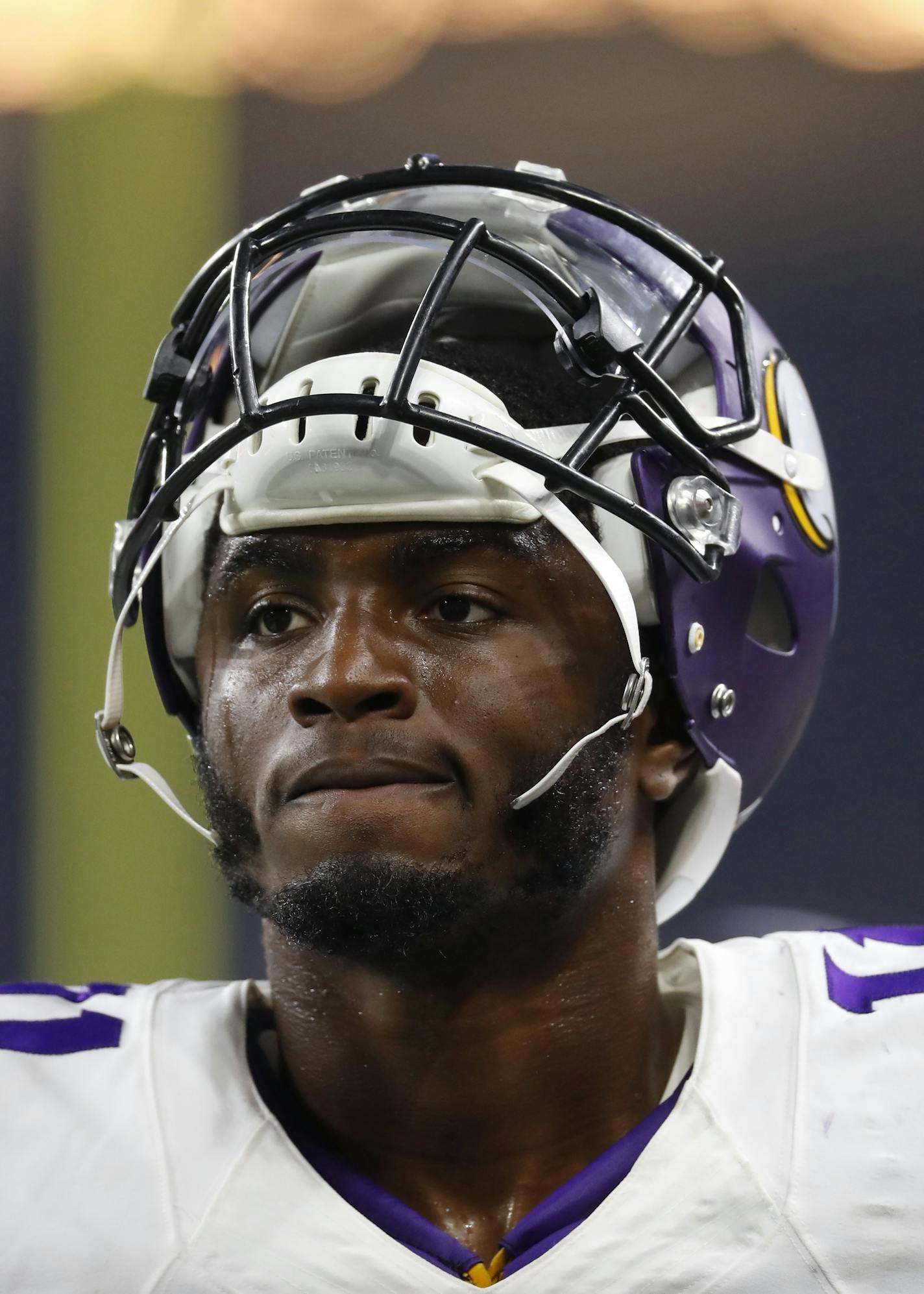 Minnesota Vikings wide receiver Laquon Treadwell is seen in the bench area during the second half of an NFL football game against the Detroit Lions, Thursday, Nov. 24, 2016 in Detroit. (AP Photo/Paul Sancya) ORG XMIT: MIN2016112822081083