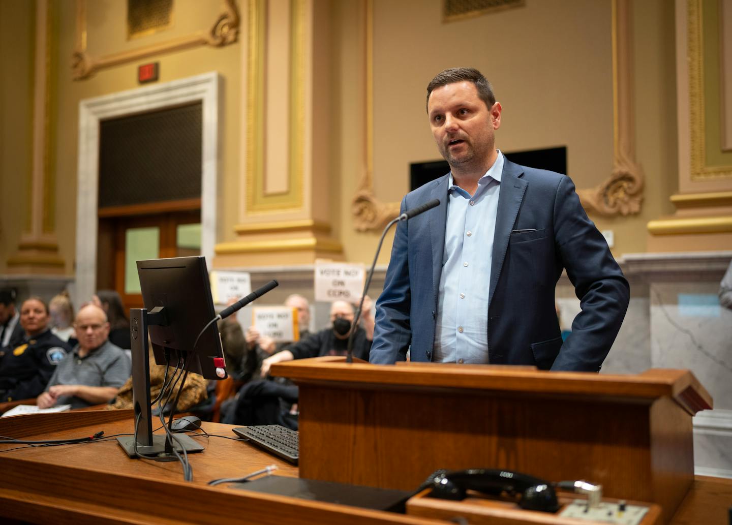 Andrew Hawkins, chief of staff of the Minneapolis Office of Civil Rights, addressed the committee on the proposed ordinance at their meeting in Minneapolis City Hall Wednesday, Nov. 30, 2022. The Minneapolis City Council's Public Health &amp; Safety Committee passed an ordinance to create a Community Commission on police Oversight after hearing public comment that was overwhelmingly against it. ] JEFF WHEELER • Jeff.Wheeler@startribune.com