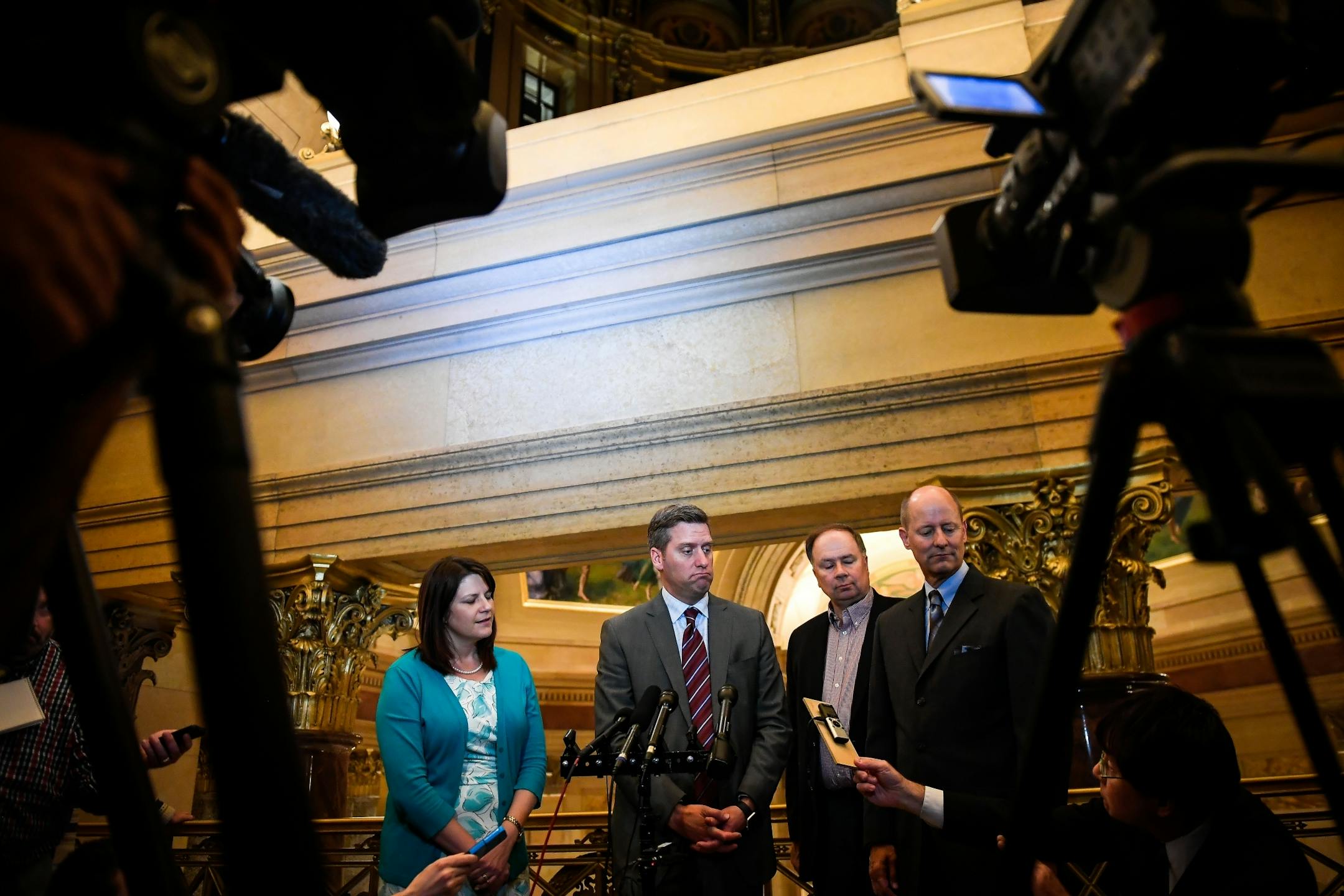 From left, House Majority Leader Joyce Peppin, Speaker of the House Kurt Daudt, Senate Majority Leader Paul Gazelka and Ways and Means Chairman Rep. Jim Knoblach addressed the media Tuesday night during a recess of the legislate special session. .