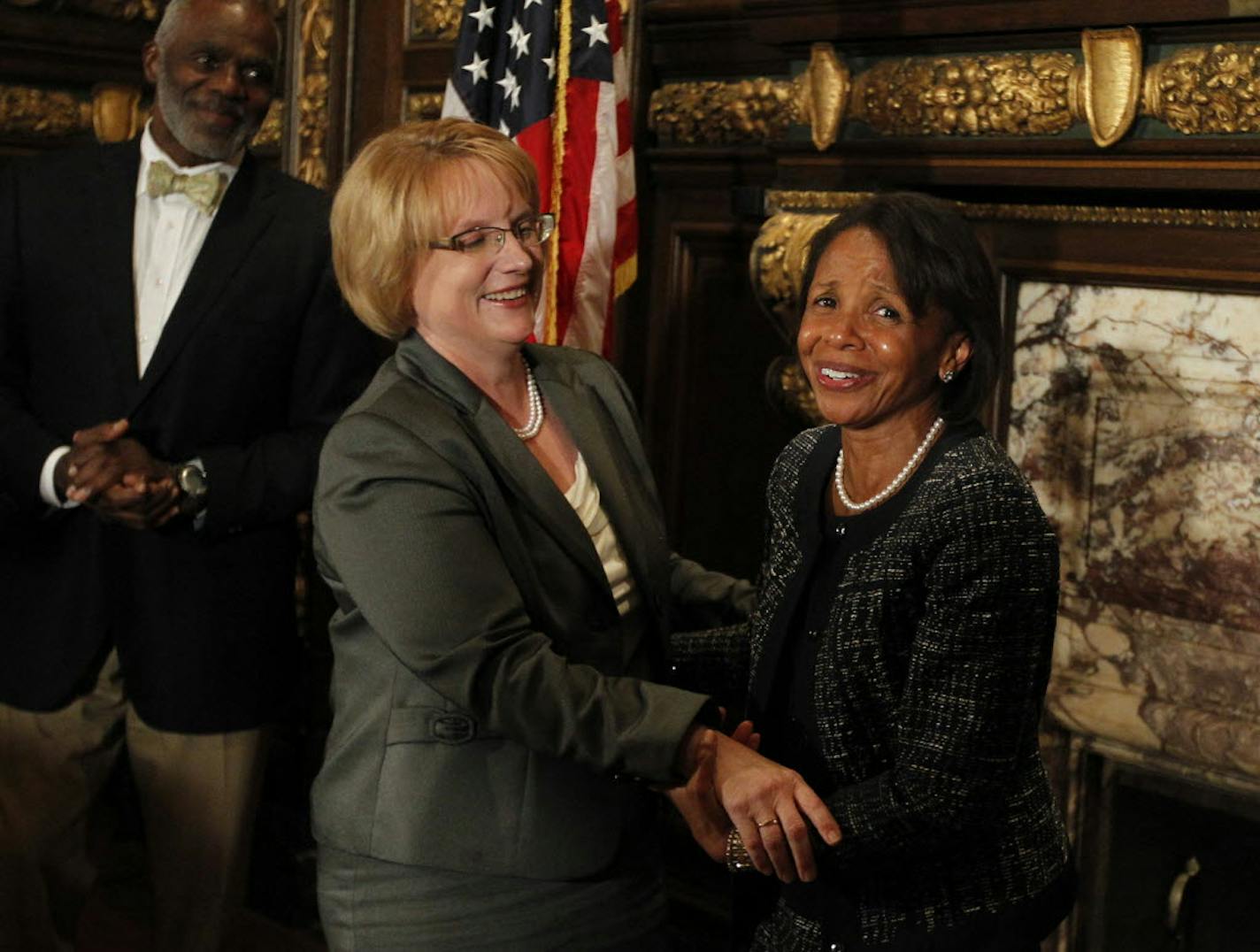 Minnesota Supreme Court Chief Justice Lorie Gildea, left, congratulated Judge Wilhelmina Wright after she was appointed to the Supreme court Monday by Gov. Mark Dayton.