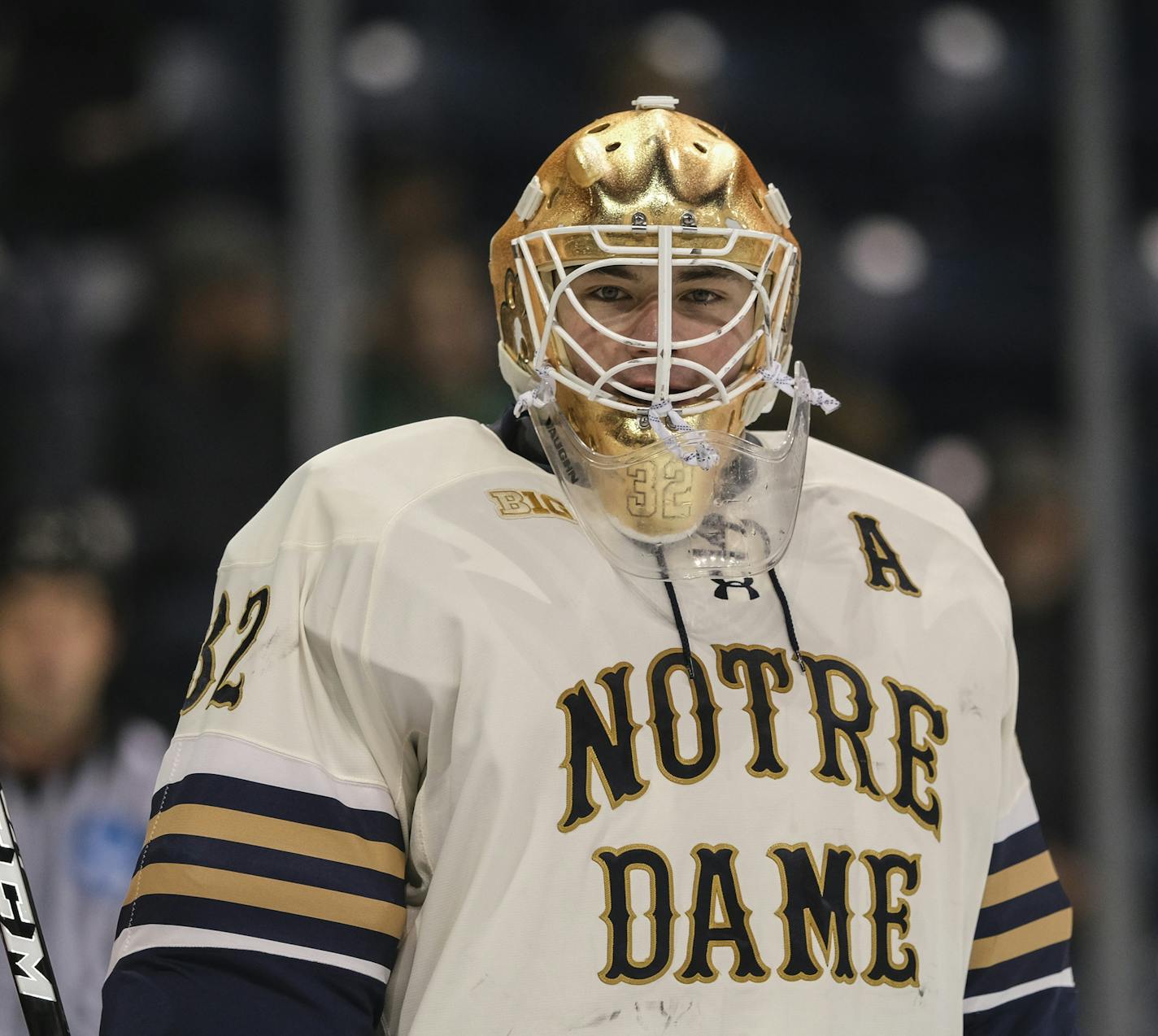 Notre Dame goaltender Cale Morris (32) in action during an NCAA hockey game between Notre Dame and Lake Superior State on Saturday, Oct. 25, 2019 in Notre Dame, Ind. (AP Photo/AJ Mast) ORG XMIT: MER007114e6747df93f3a42ab616c79b