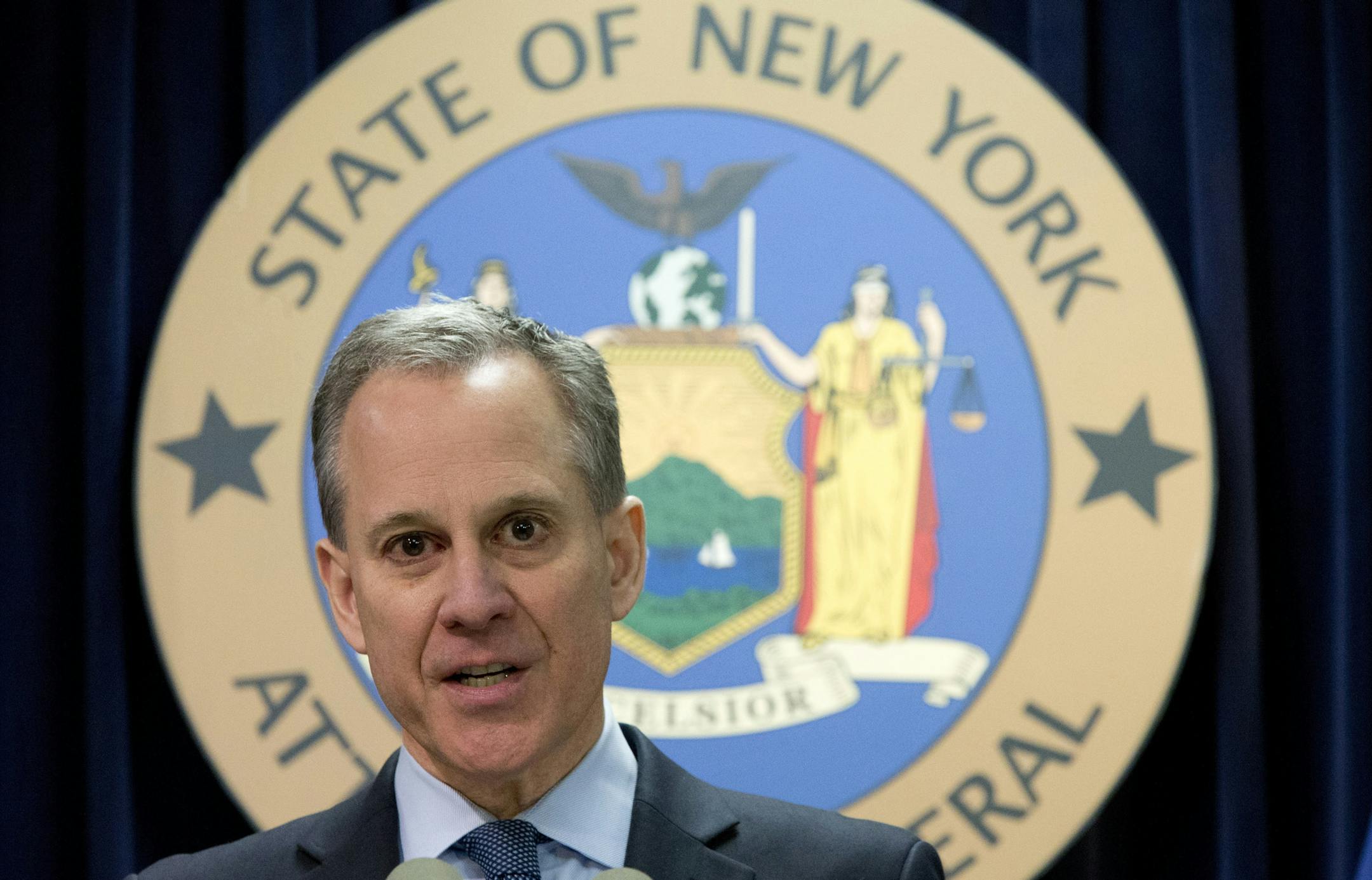FILE - In this Feb. 11, 2016 file photo, New York Attorney General Eric Schneiderman speaks during a news conference in New York. Schneiderman resigned from office Monday, May 7, 2018, after several women accused him of violently slapping and choking them. They say the abuse happened during romantic encounters, and that they were also verbally abused and threatened. (AP Photo/Mary Altaffer, File)