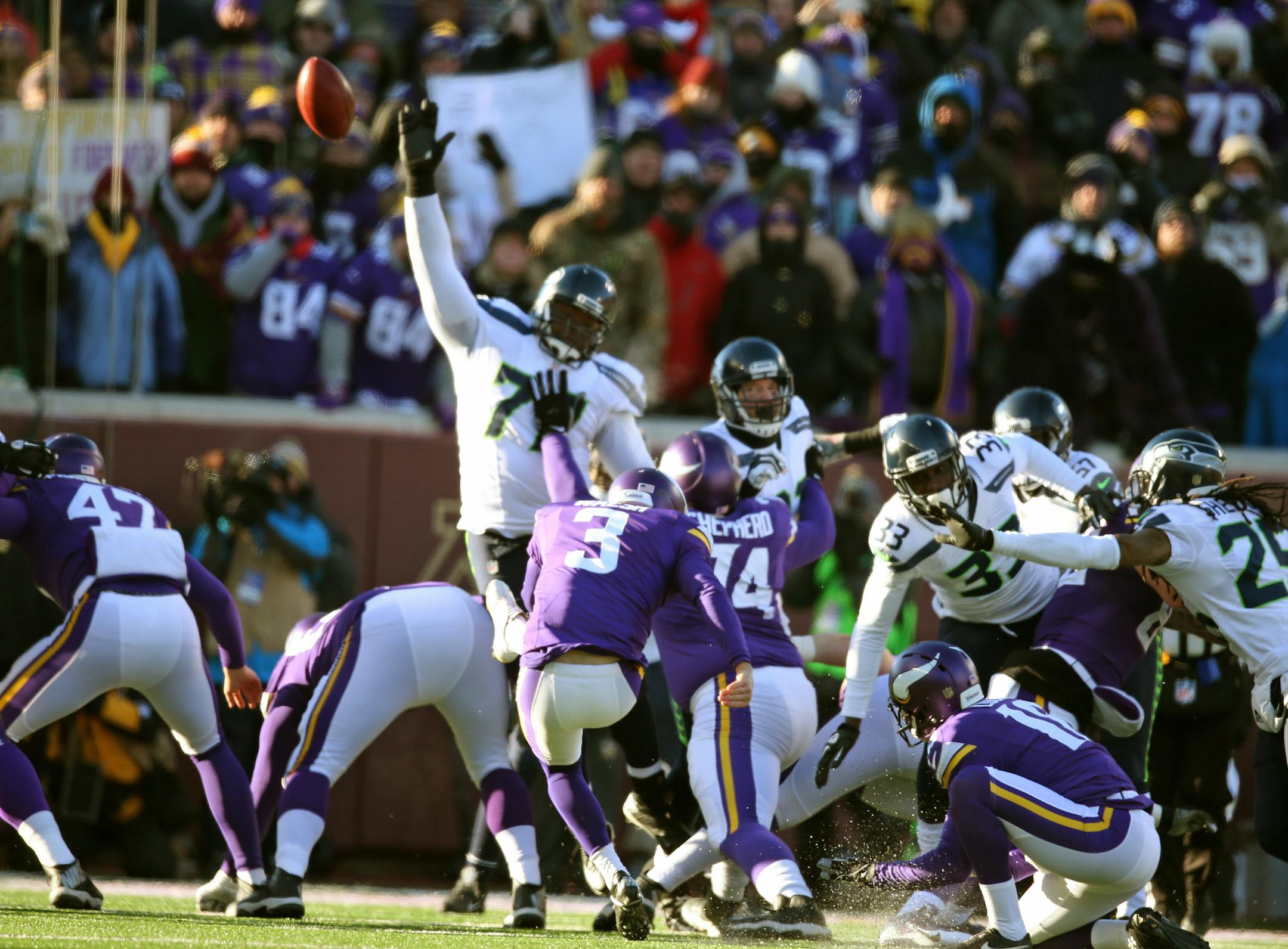 Minnesota Vikings kicker Blair Walsh (3) missed a 27-yard field goal late in the fourth quarter at TCF Bank Stadium as the team bowed out of the playoffs in early 2016.