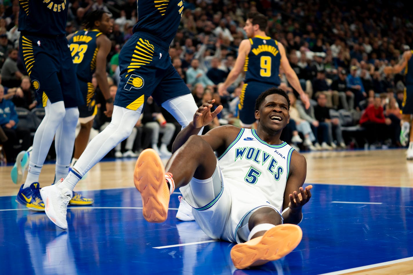 Minnesota Timberwolves shooting guard Anthony Edwards (5) gets fouled in the second half of the NBA game against the Indiana Pacers at Target Center on Saturday, Dec. 16, 2023 in Minneapolis, Minn. Minnesota Timberwolves won 127-108. ] Angelina Katsanis • angelina.katsanis@startribune.com