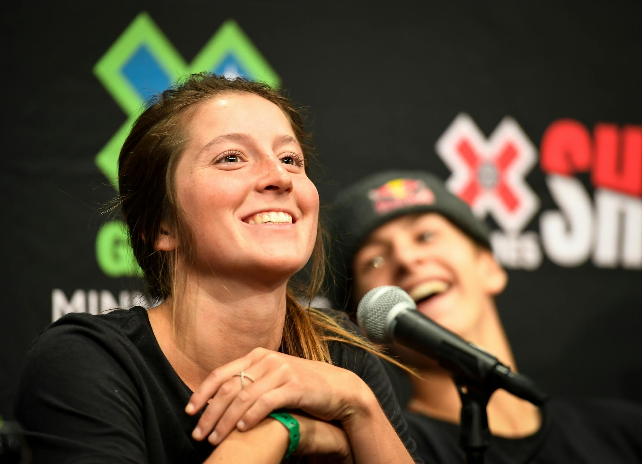 Nicole Hause, of Stillwater, laughed as moto x rider Jackson Strong, from New South Wales, Australia, talked about the story of how he came to own a pet kangaroo during Wednesday's panel.