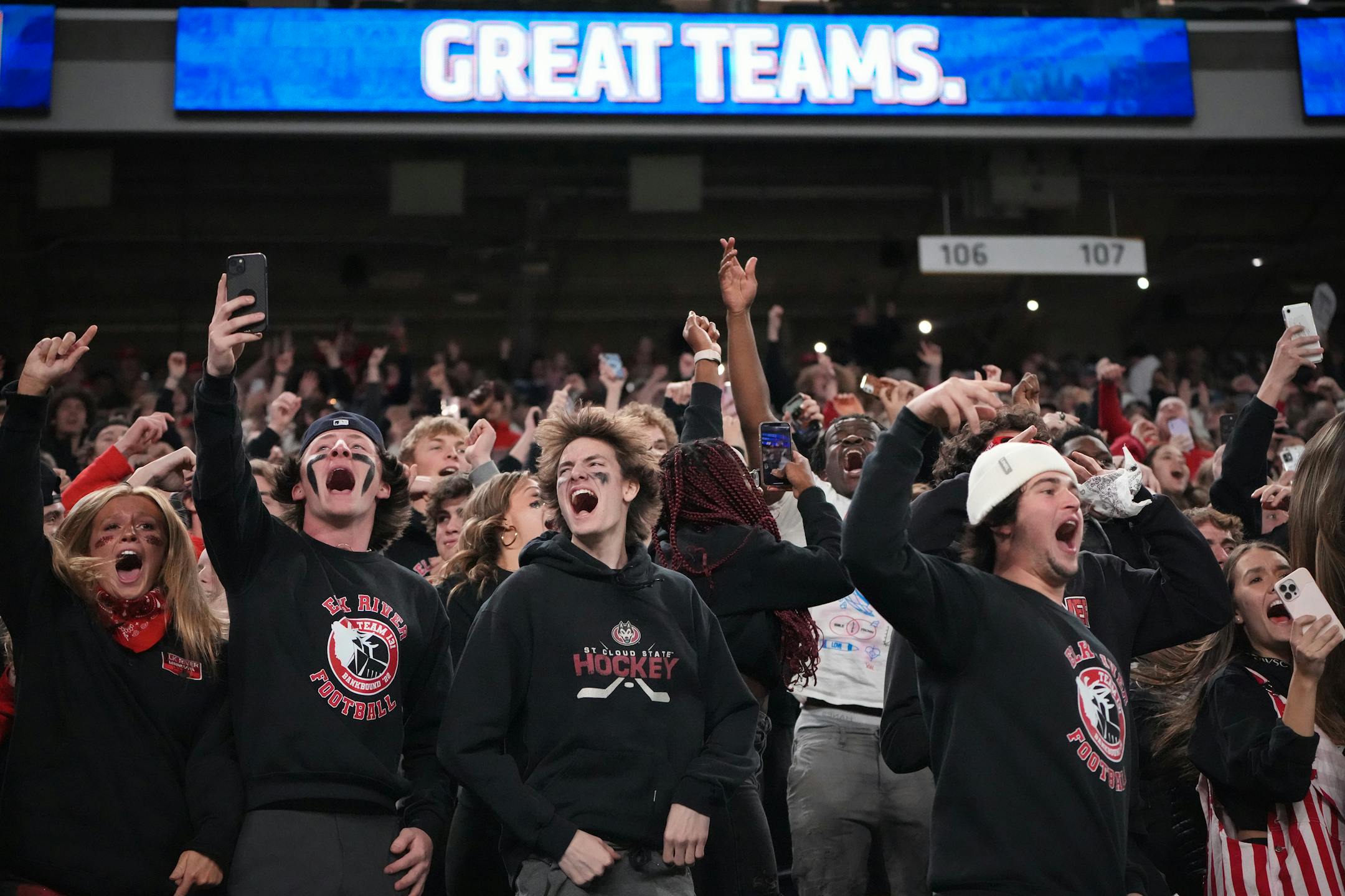 Elk River fans cheer as the clock runs down on the Elks' victory over Mankato West at the Minnesota High School football Class 5A State Championship at U.S. Bank Stadium in Minneapolis, Minn., on Saturday, Dec. 3, 2022.