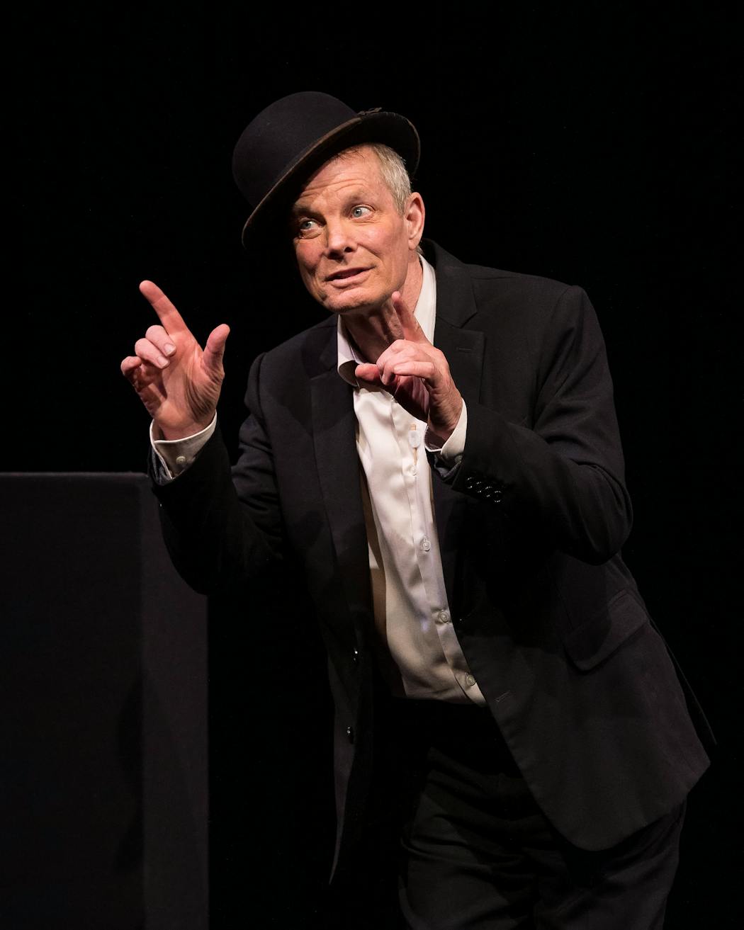 Bill Irwin displays both verbal and physical comedy in his portrayal of the Irish writer Samuel Beckett.