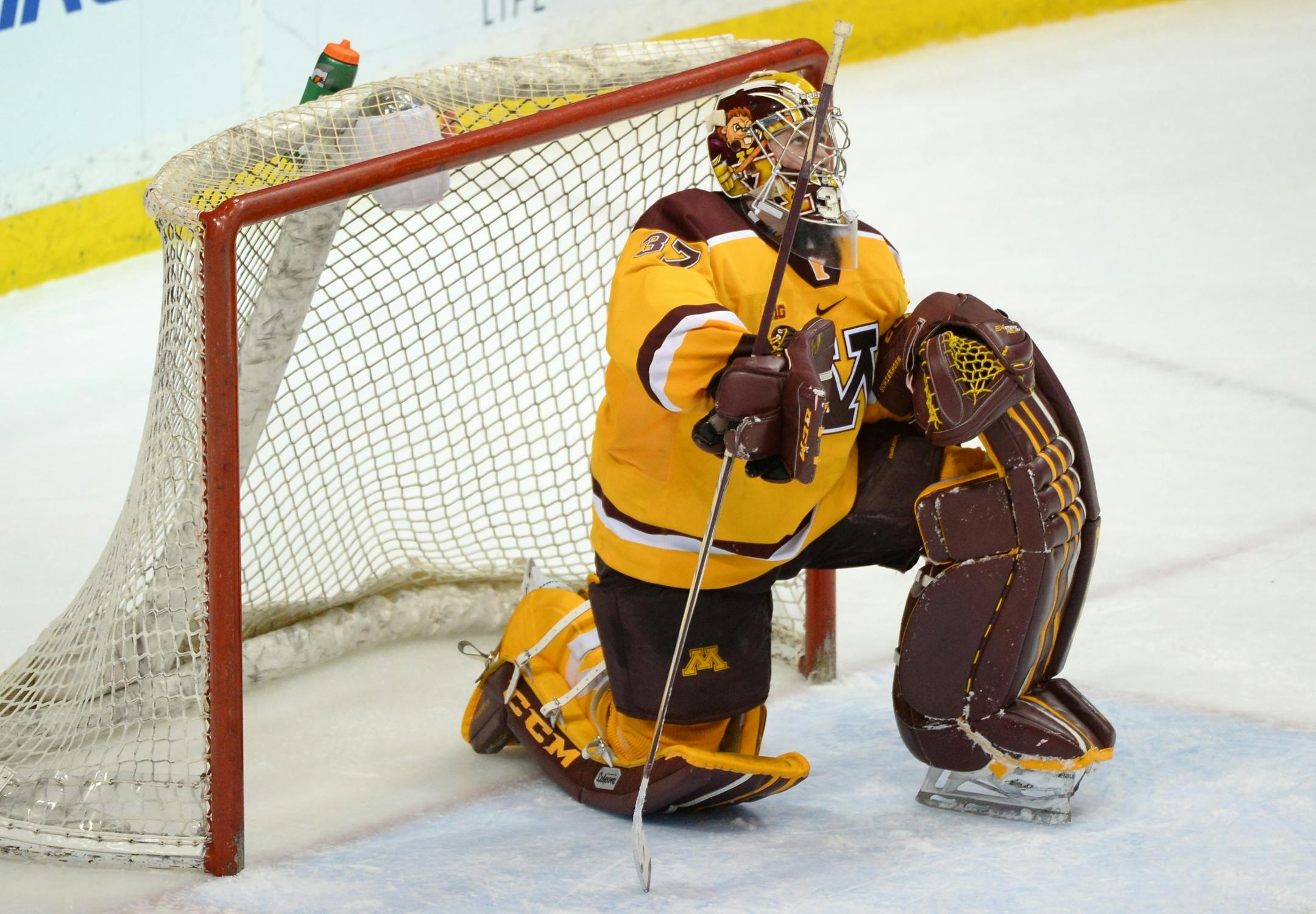 Minnesota Golden Gophers goalie Eric Schierhorn (37) was dejected after allowing a third period goal, giving the Michigan Wolverines the lead.