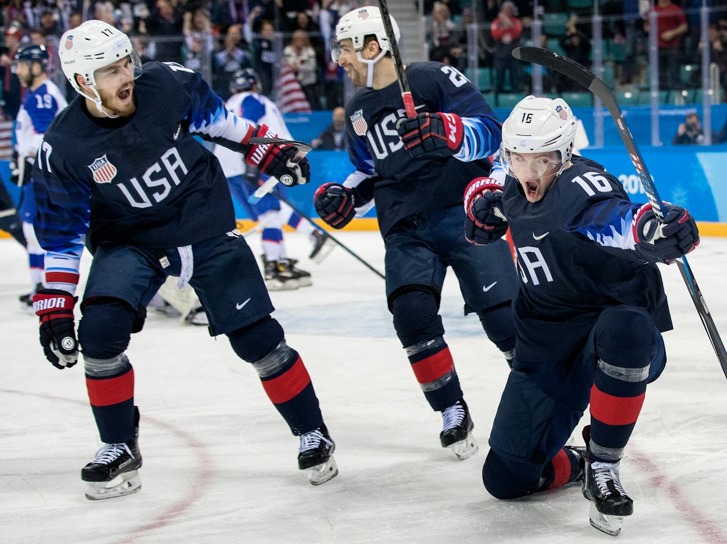 Ryan Donato celebrated after scoring a goal in the first period Friday against Slovakia. Donato picked up both goals for Team USA in the victory.