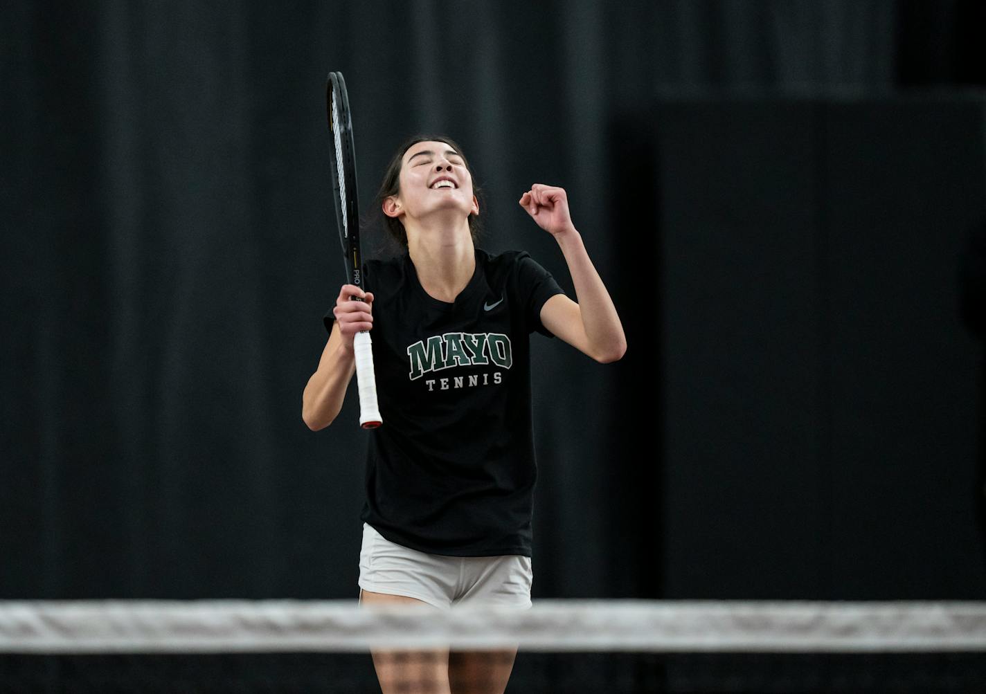 Rochester Mayo's Claire Loftus reacts to winning the Class 2A individual tennis finals at Baseline Tennis Center at the University of Minnesota on Friday, Oct. 27, 2023 in Minneapolis, Minn. ] RENEE JONES SCHNEIDER • renee.jones@startribune.com