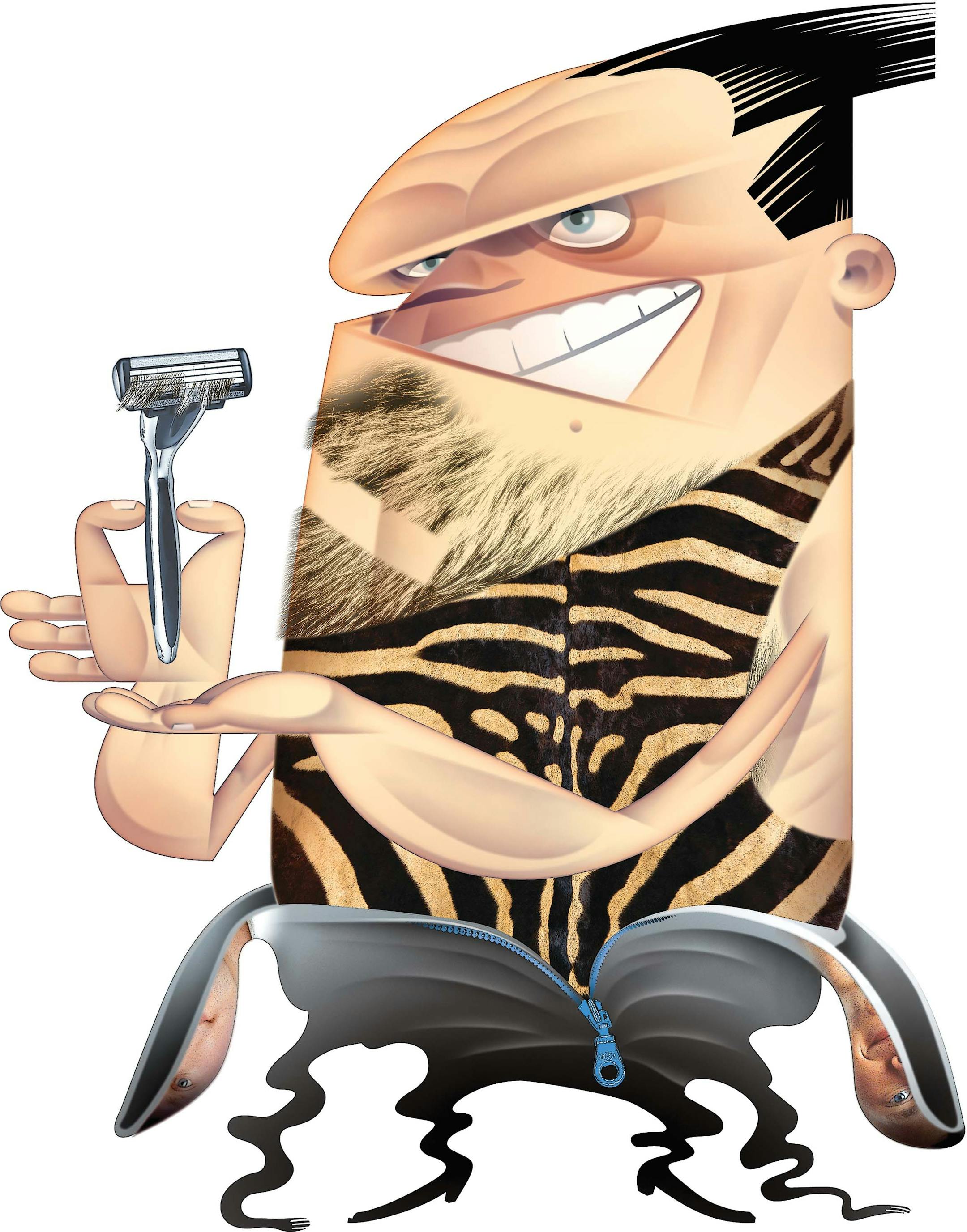 300 dpi Val B. Mina color illustration of hairy caveman emerging from his skin-tight, hairless-human suit to endorse a facial razor. The Sacramento Bee 2007<p> KEYWORDS: caveman illustration cave man hairy hair masculine endorsement endorsing products marketing merchandising beard shave razor metrosexual testosterone groom grooming style hairstyle geico neanderthal 10000000, krtfeatures features, krtlifestyle lifestyle, krtnational national, krtworld world, leisure, LIF, krt, mctillustration, sh