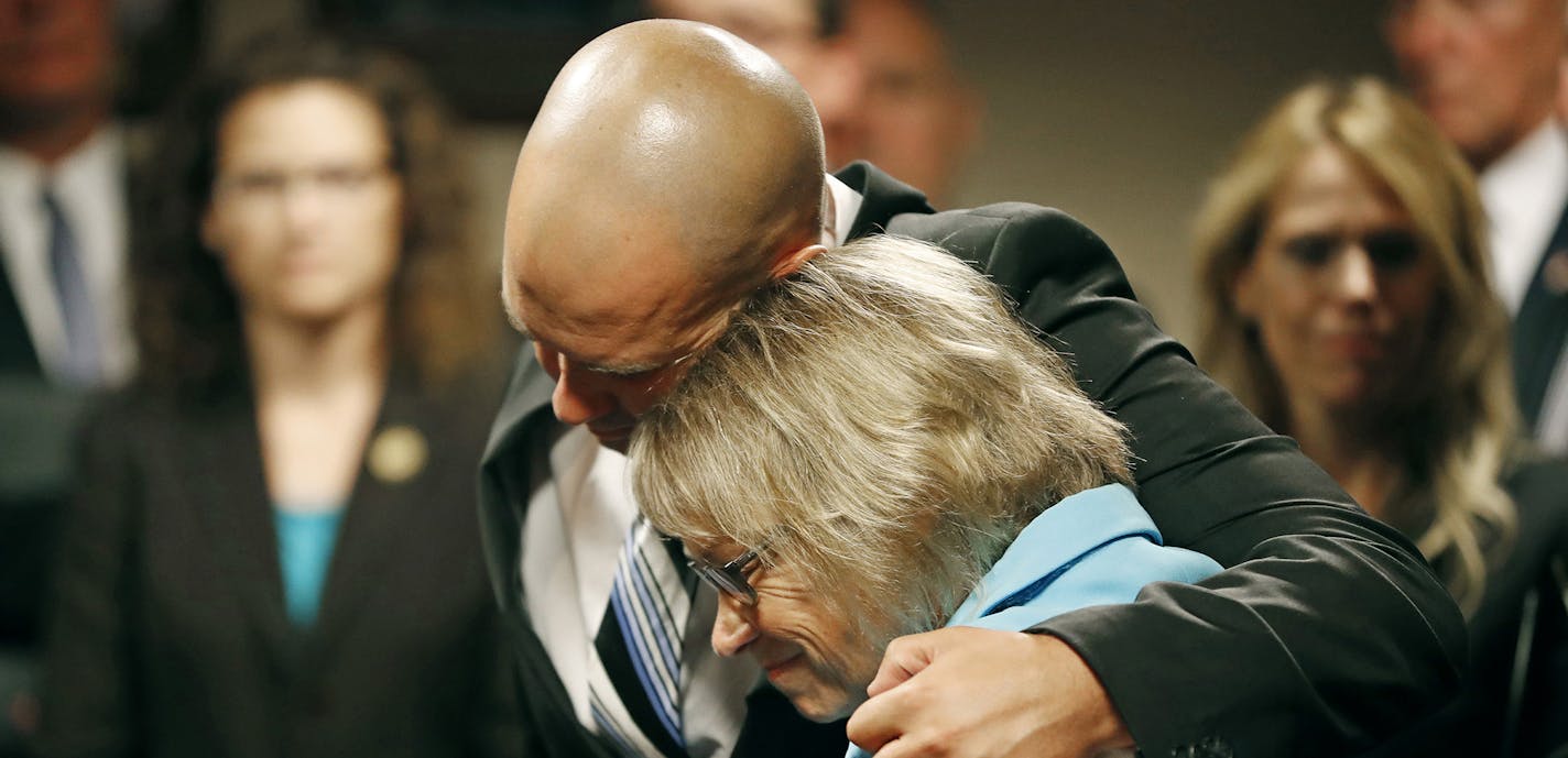 Patty Wetterling is consoled by son Trevor during a press conference after Danny Heinrich admitted killing her son Jacob on Sept. 6, 2016 in Minneapolis, Minn. Trevor was with Jacob on the night he was abducted. (Jerry Holt/Minneapolis Star Tribune/TNS) ORG XMIT: 1189740 ORG XMIT: MIN1609061630301590