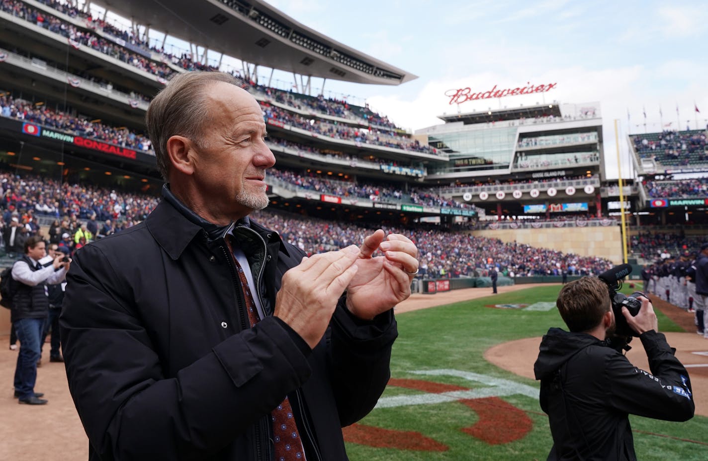 Minnesota Twins owner Jim Pohlad watched the pregame festivities Thursday. ] ANTHONY SOUFFLE &#x2022; anthony.souffle@startribune.com The Minnesota Twins played the Cleveland Indians on Opening Day Thursday, March 28, 2019 at Target Field in Minneapolis.