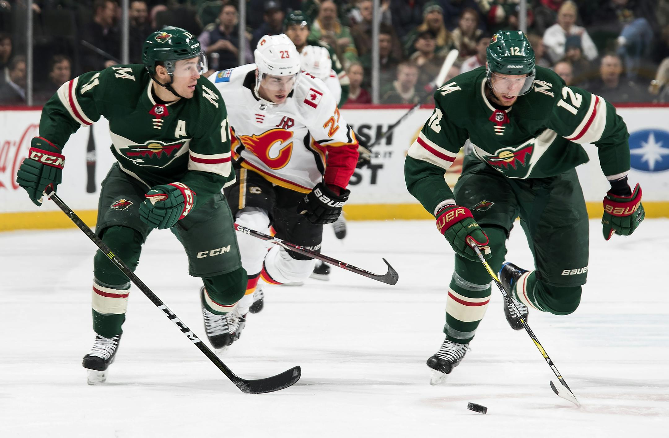 Minnesota Wild Zach Parise (11) and Eric Staal (12). ] CARLOS GONZALEZ • cgonzalez@startribune.com - St. Paul, MN - January 9, 2018 - Xcel Energy Center - NHL - Hockey - Minnesota Wild vs. Calgary Flames