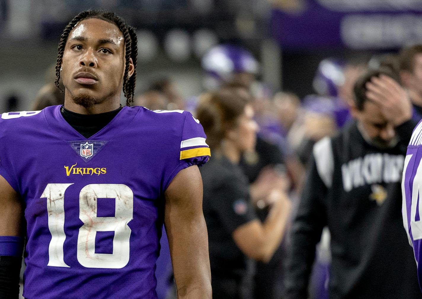 Justin Jefferson (18) in the final seconds during an NFL wild card playoff game between the Minnesota Vikings and the New York Giants on Sunday, Jan. 15, 2023 at U.S. Bank Stadium in Minneapolis. ] CARLOS GONZALEZ • carlos.gonzalez@startribune.com.