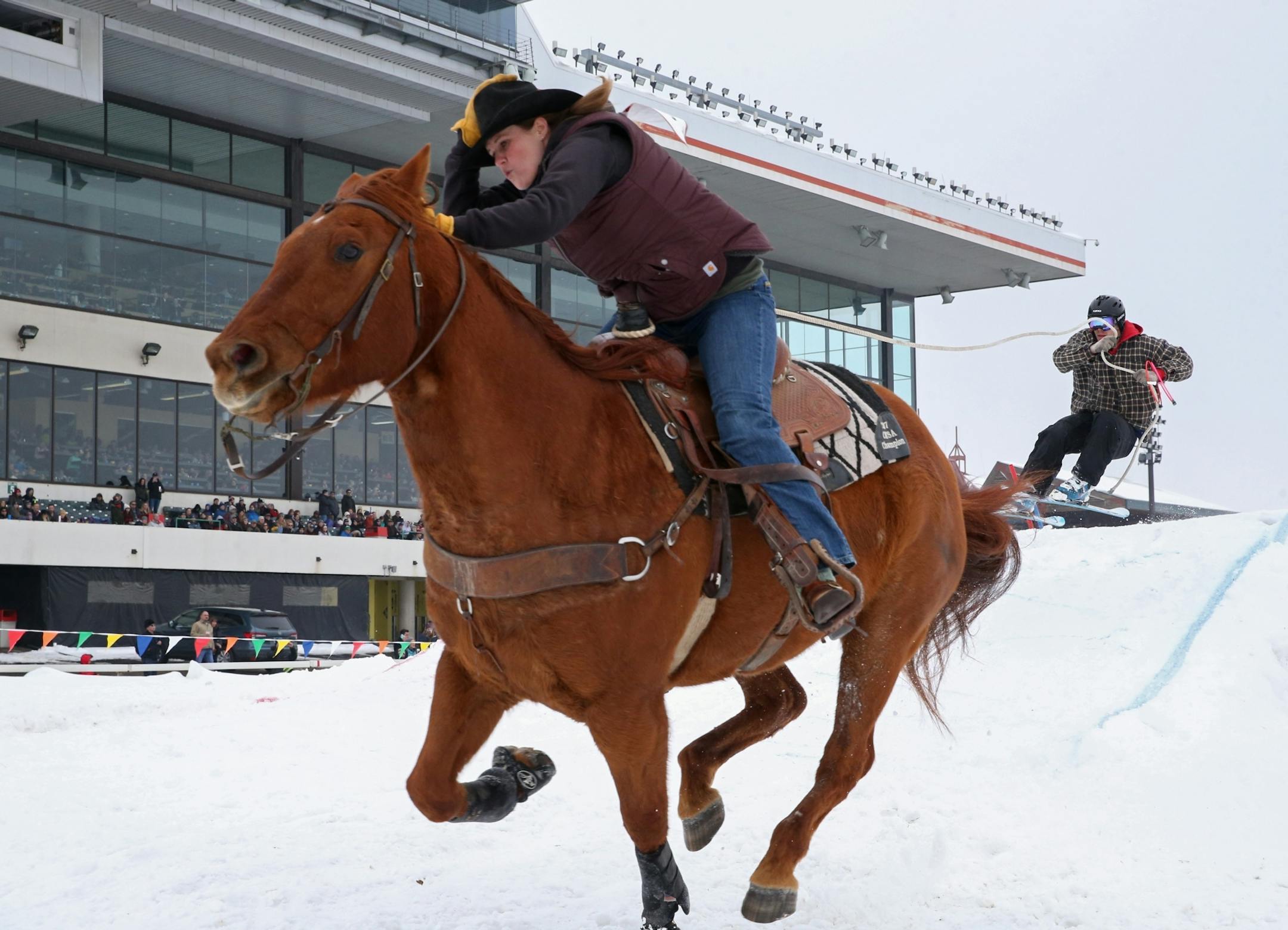 Horses, skiers and snowboarders raced down the Canterbury Park track during Extreme Horse Skijoring.