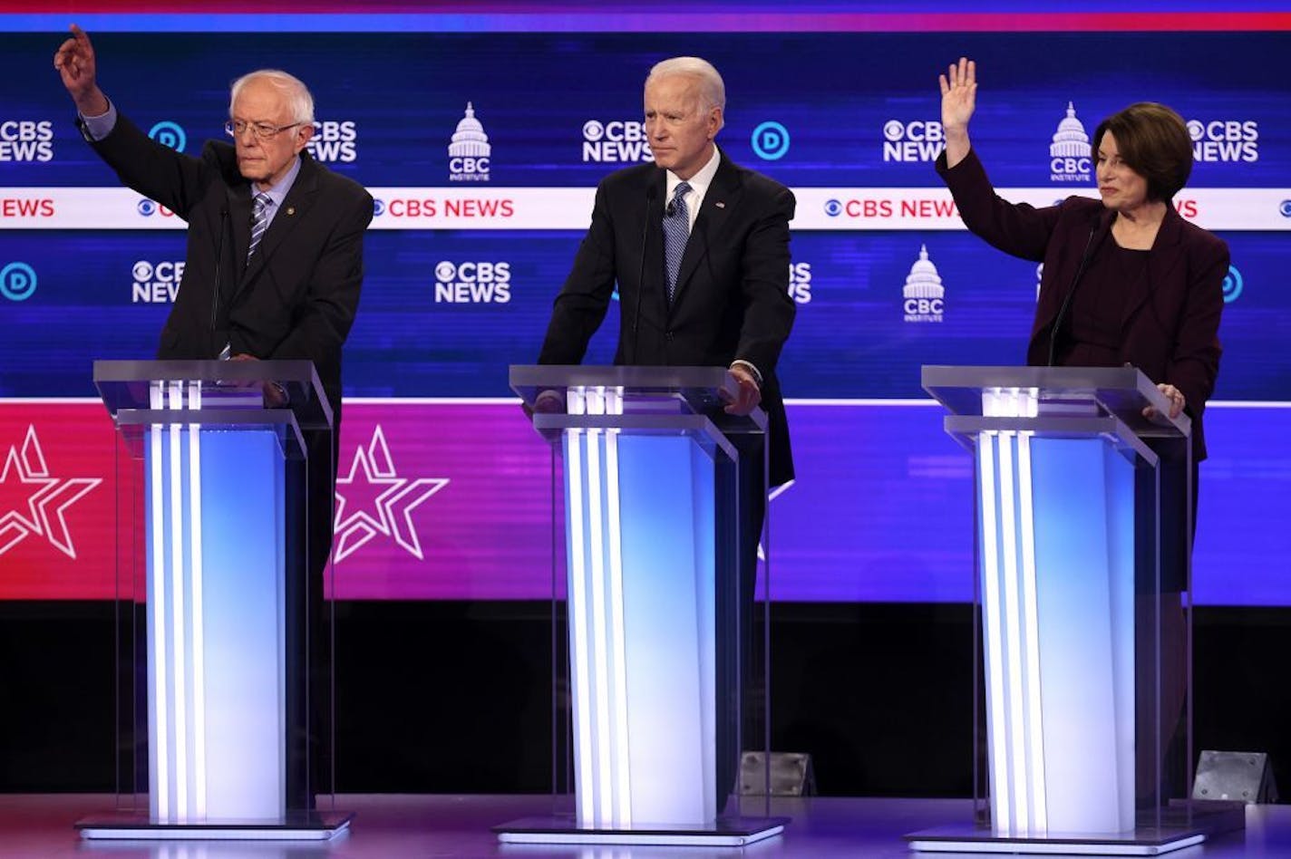 Democratic presidential candidates, from left, Sen. Bernie Sanders (I-Vt.), former Vice President Joe Biden, and Sen. Amy Klobuchar (D-Minn.) during the Democratic presidential primary debate at the Charleston Gaillard Center on Tuesday, Feb. 25, 2020, in Charleston, S.C.