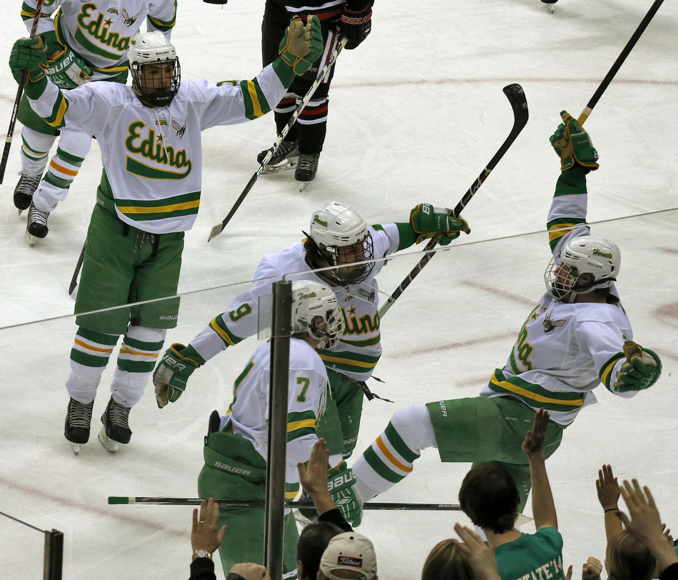 Edina celebrated their third goal of the first period. ] Boys Hockey Class 2A championship game. Edina Hornets vs. Lakeville North Panthers. (MARLIN LEVISON/STARTRIBUNE(mlevison@startribune.com)