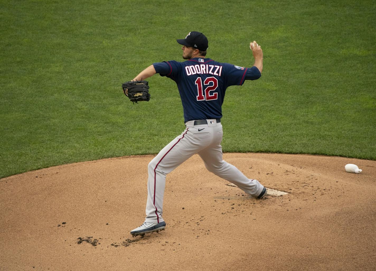 Minnesota Twins starting pitcher Jake Odorizzi (12) threw at the start of the simulated game.