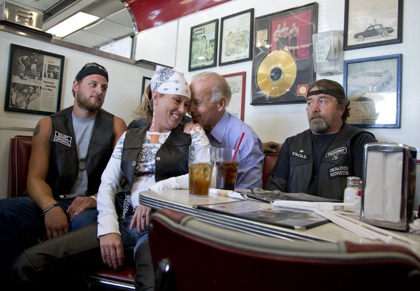 Vice President Joe Biden's talks to customers during a stop at Cruisers Diner, Sunday, in Seaman, Ohio.