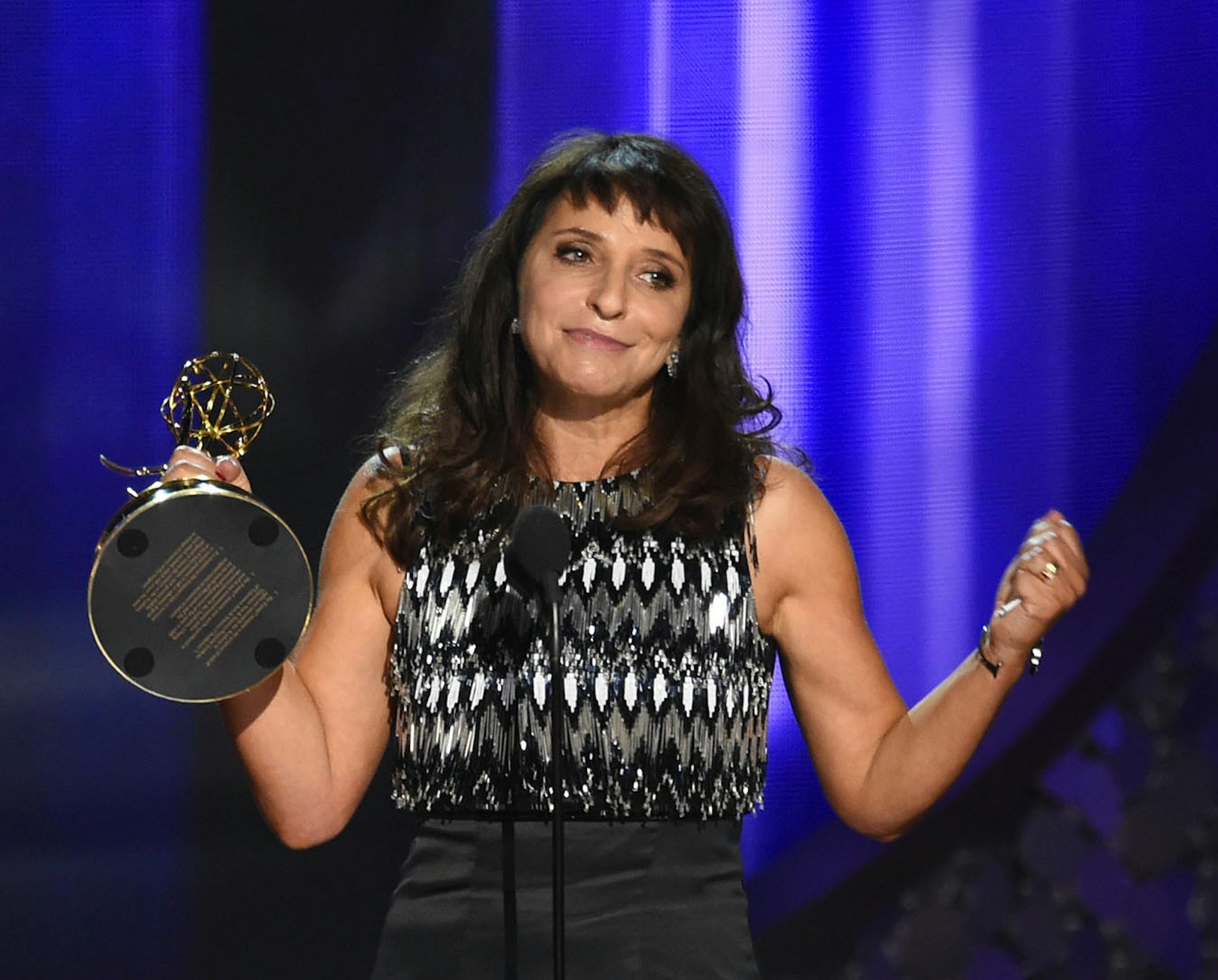 Susanne Bier accepts the award for outstanding directing for a limited series, movie or a dramatic special for "The Night Manager" at the 68th Primetime Emmy Awards on Sunday, Sept. 18, 2016, at the Microsoft Theater in Los Angeles.