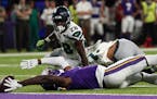Laquon Treadwell caught a pass just short of the end zone in the second half against the Seahawks on Sunday. Treadwell had four catches for 47 yards.