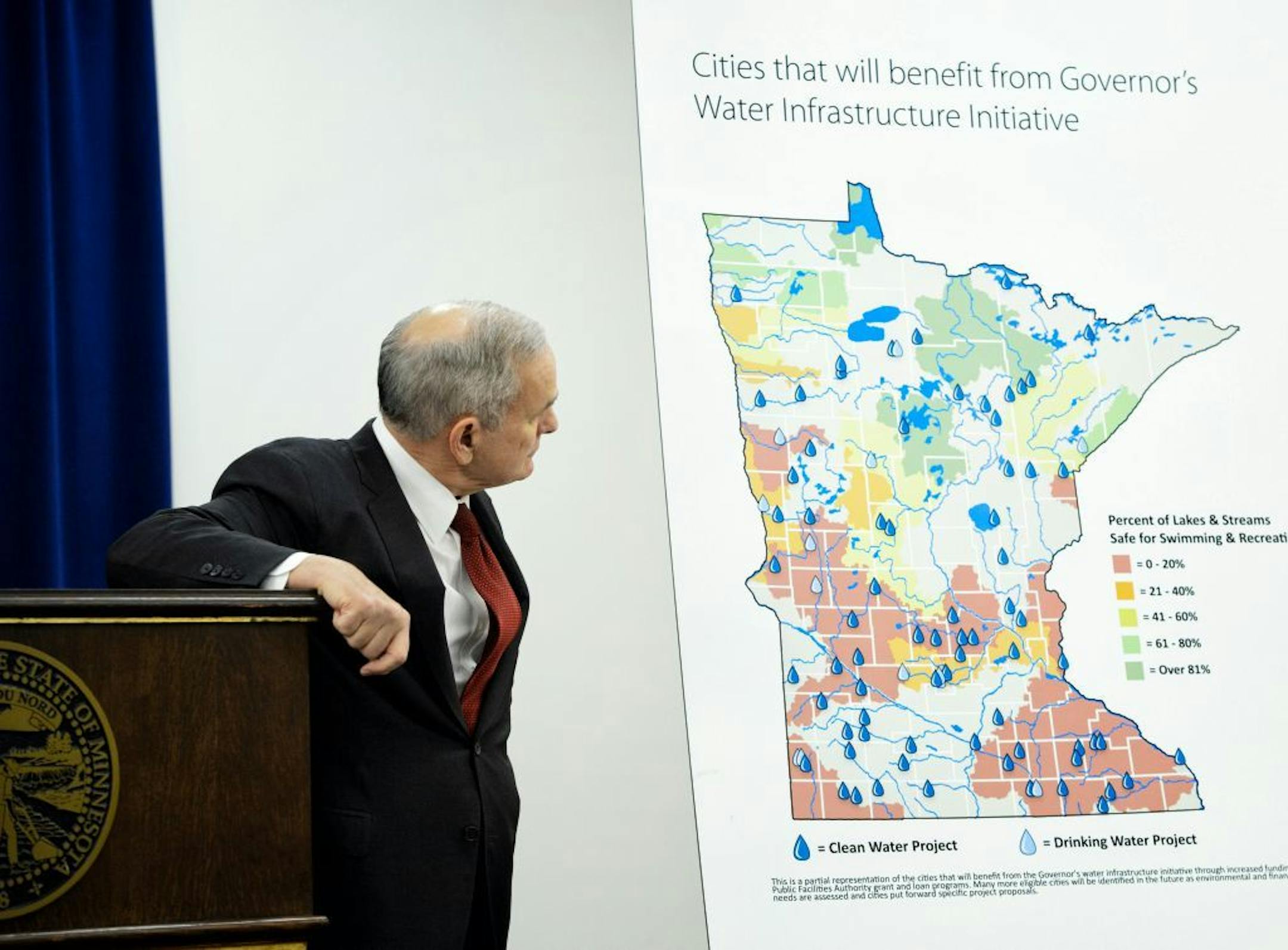 Governor Mark Dayton announced a $220 million plan to protect water quality andf modernize Minnesota's aging water infrastructure. The map shows how many streams and rivers are compromised and unsafe for swimming and recreation.