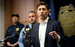 Minneapolis Mayor Jacob Frey speaks to the media after Police Chief Brian O’Hara announced an arrest in an April 29 mass shooting during a press con