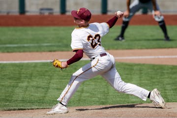 In this May 27, 2018, photo, Minnesota's Max Meyer works against Purdue during the NCAA Big Ten baseball championship game in Omaha, Neb. The Gophers 