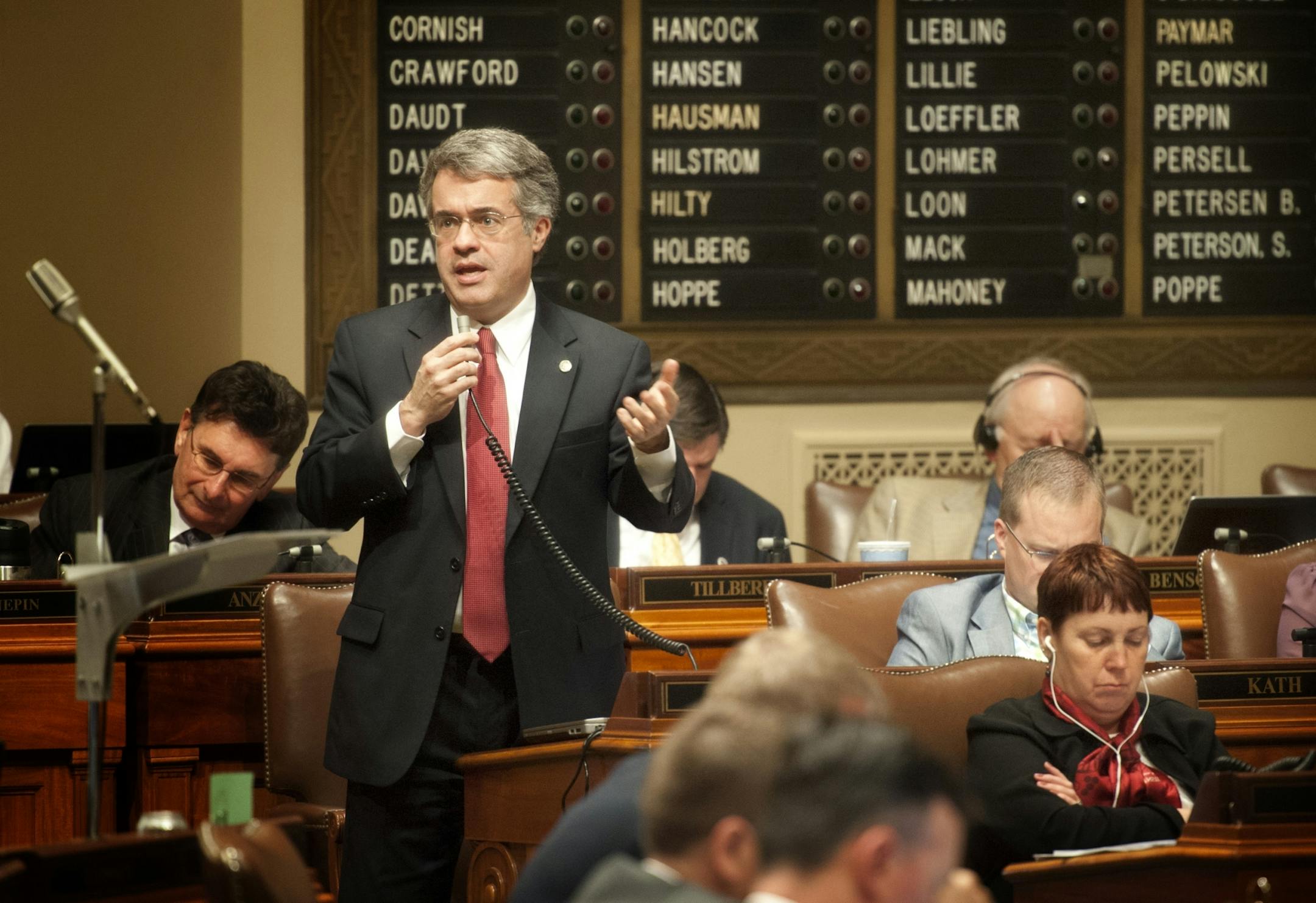 Rep. Terry Morrow, DFL, St. Peter, spoke against an amendment on the House floor. The Minnesota House debates the stadium bill taking up as many s fifty ammendments Monday, May 8, 2012.